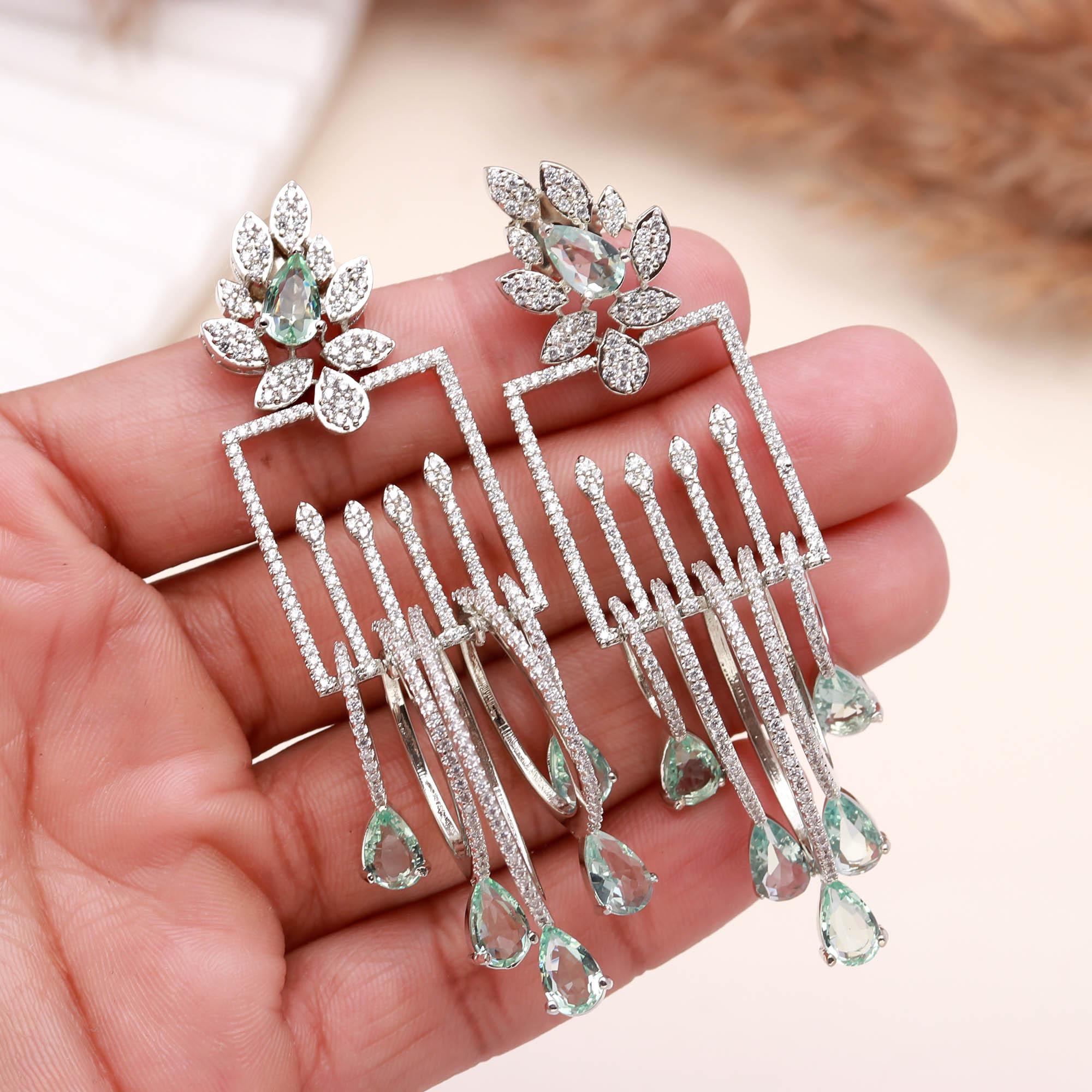 Luxury Emerald Green Stone Drop Earrings for Women | Diamond-Studded Statement Earrings - Haamsi