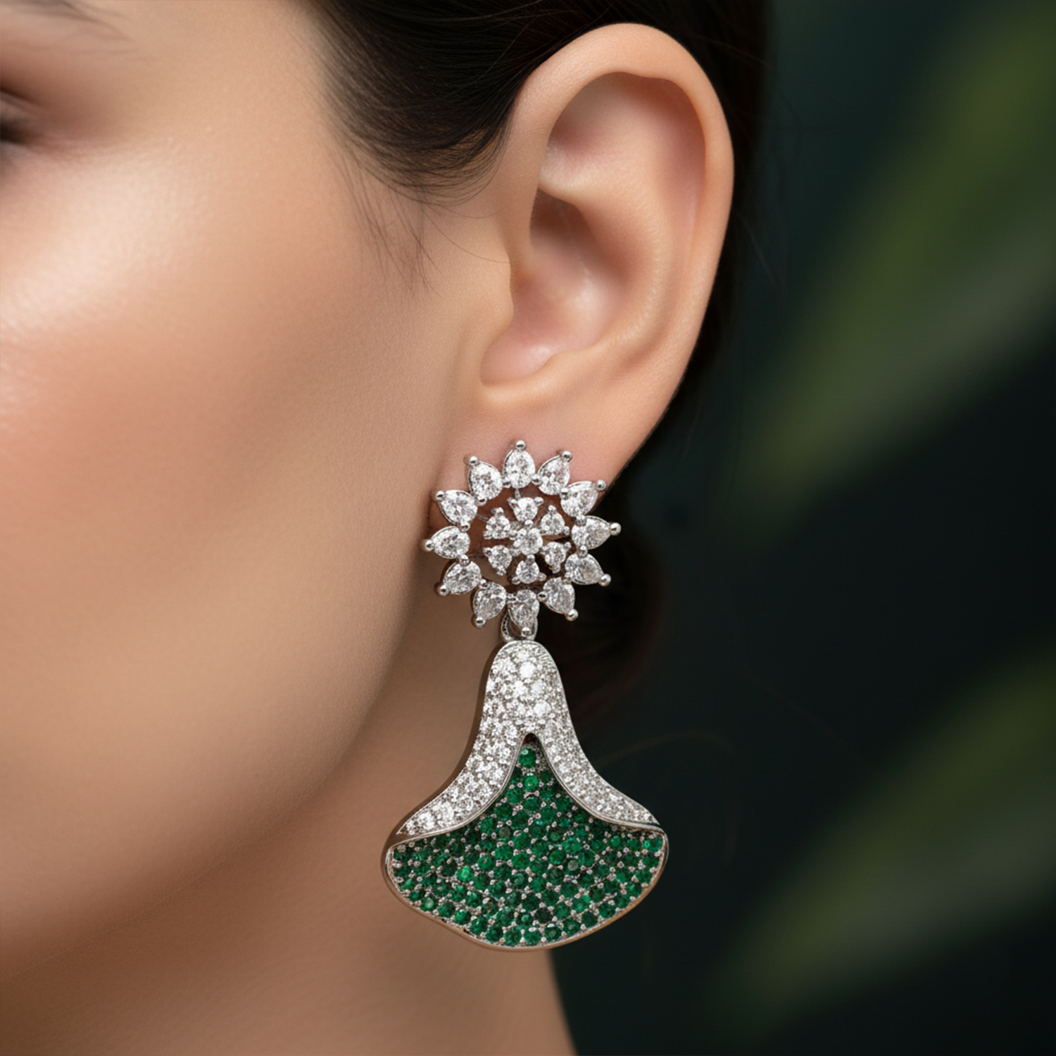 Emerald Green and White American Diamond (AD) Drop Earrings | Starburst Stud with Silver Toned Finish - Haamsi