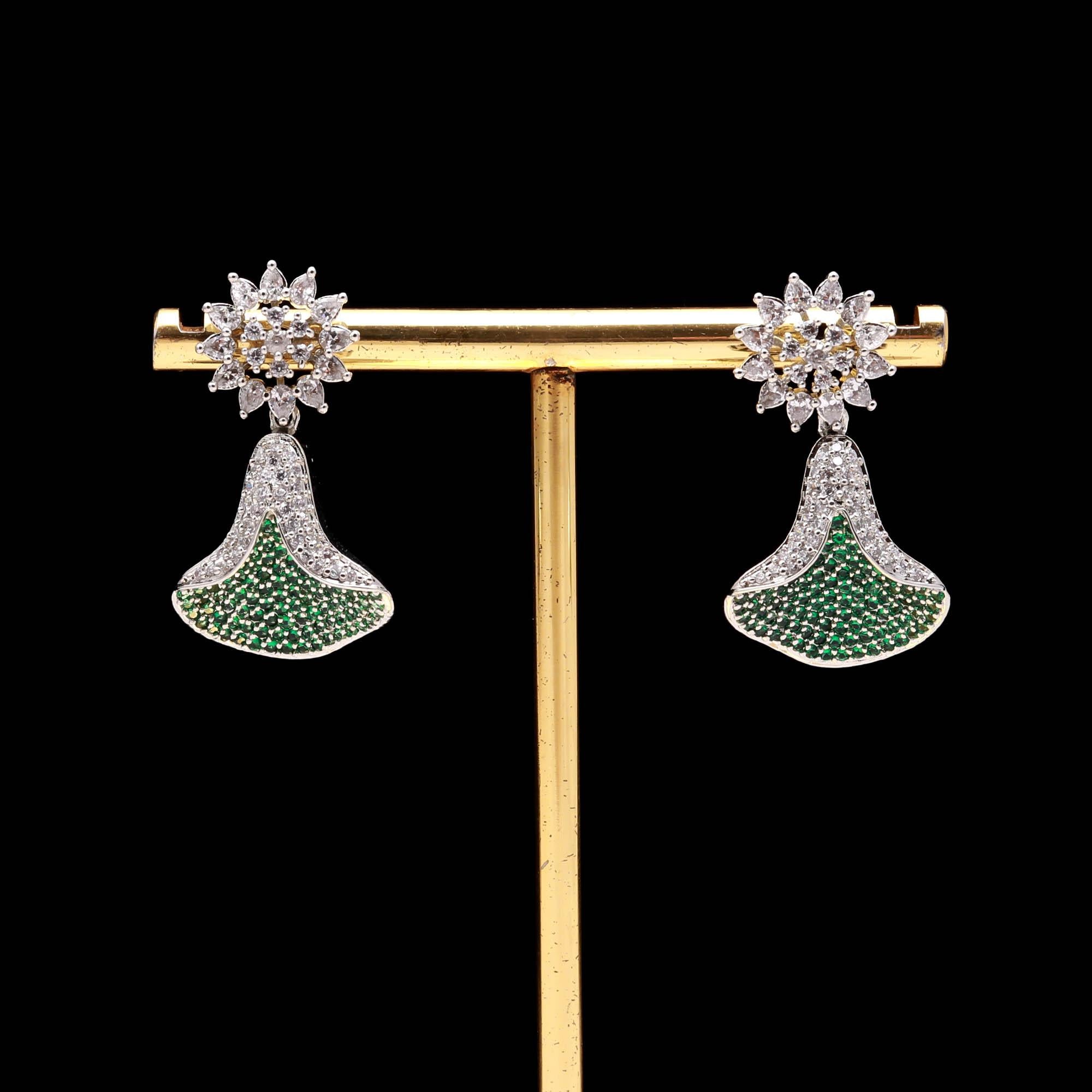 Emerald Green and White American Diamond (AD) Drop Earrings | Starburst Stud with Silver Toned Finish - Haamsi