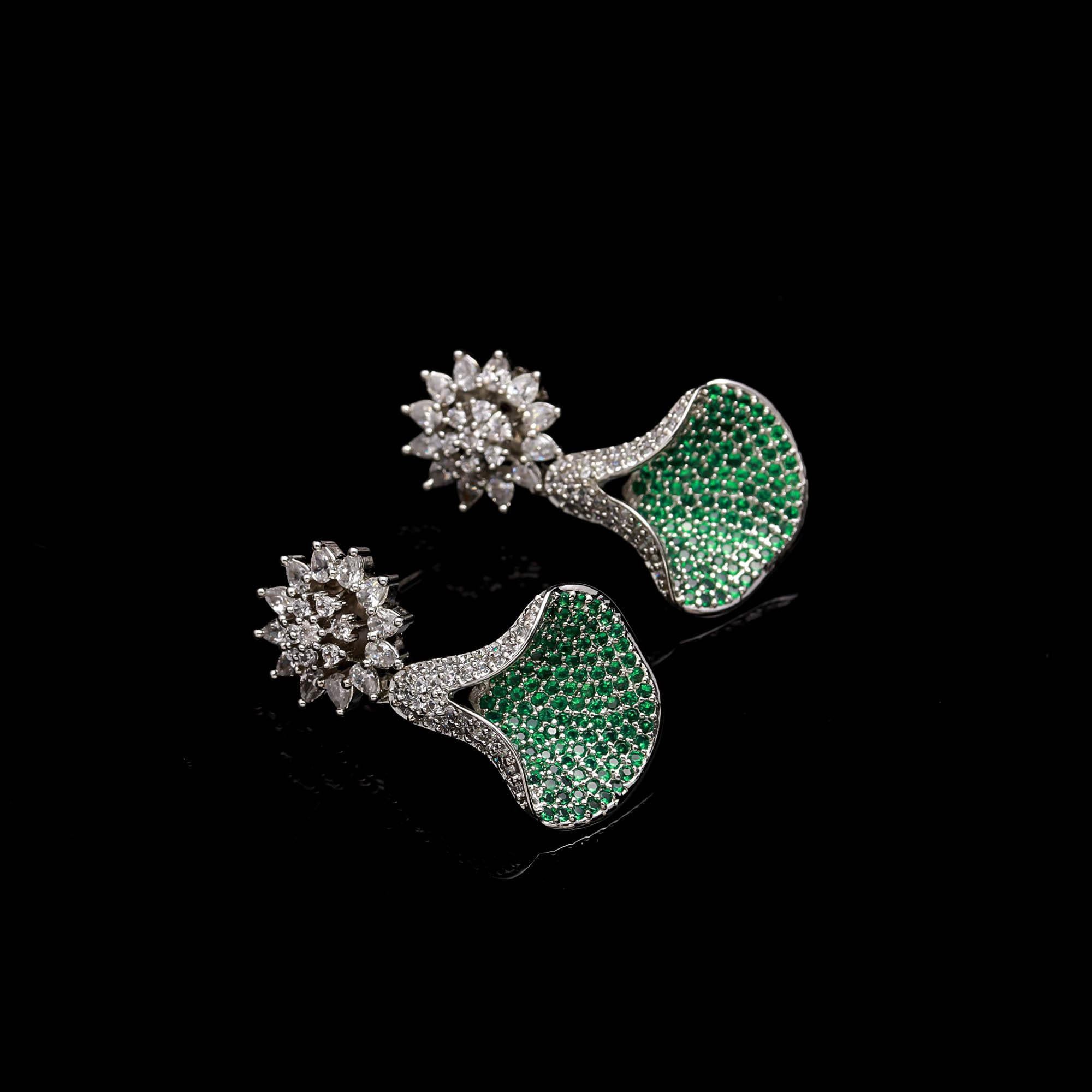 Emerald Green and White American Diamond (AD) Drop Earrings | Starburst Stud with Silver Toned Finish - Haamsi