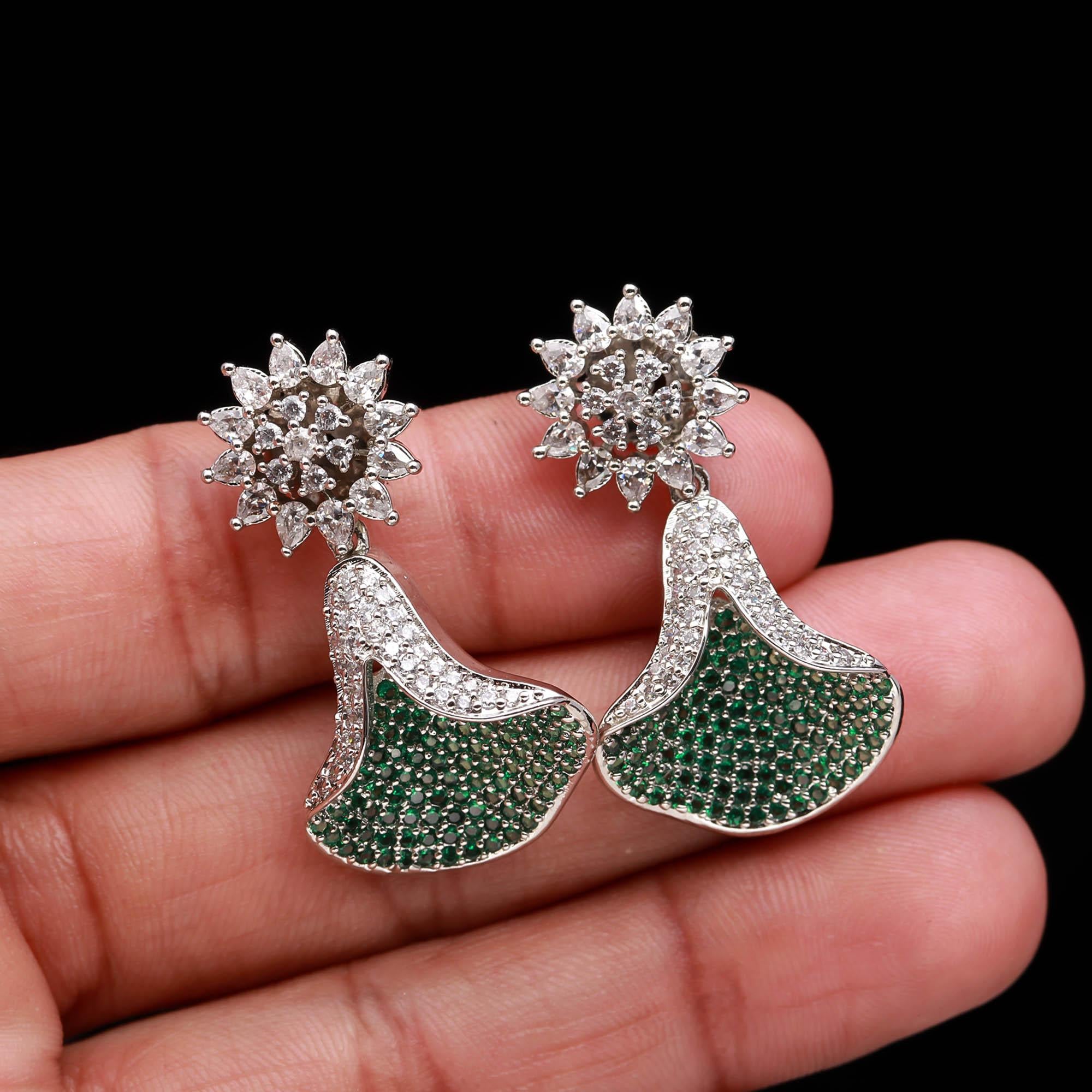 Emerald Green and White American Diamond (AD) Drop Earrings | Starburst Stud with Silver Toned Finish - Haamsi