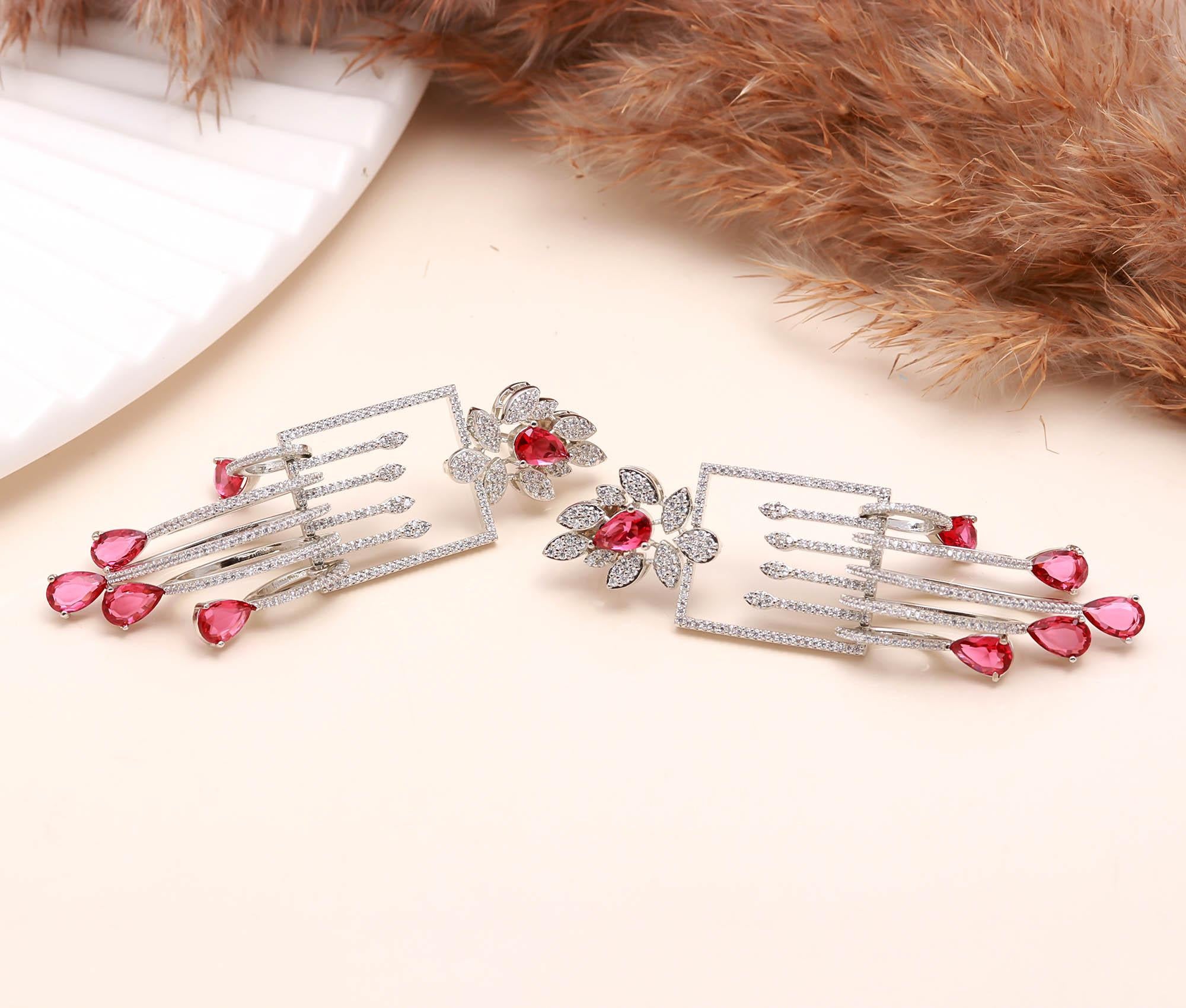 Luxury Emerald Green Stone Drop Earrings for Women | Diamond-Studded Statement Earrings - Haamsi