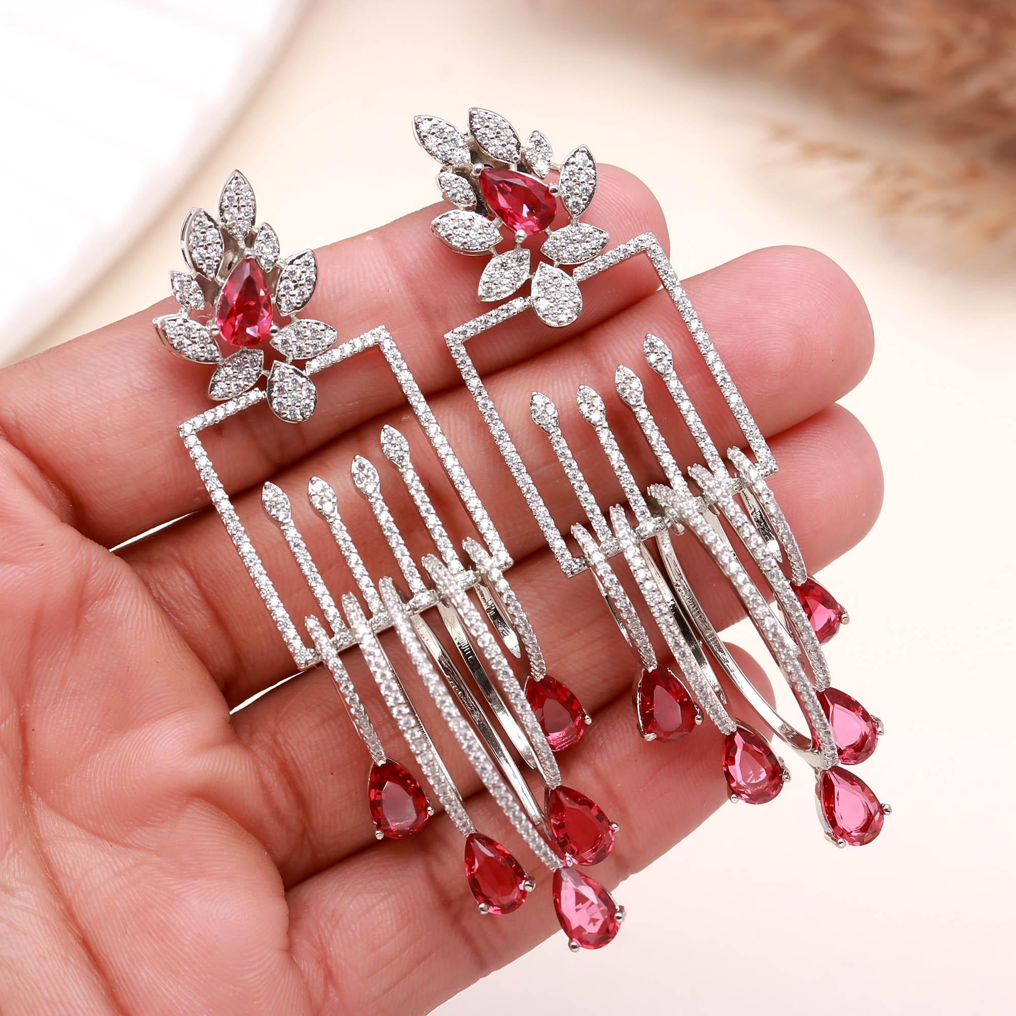 Luxury Emerald Green Stone Drop Earrings for Women | Diamond-Studded Statement Earrings - Haamsi