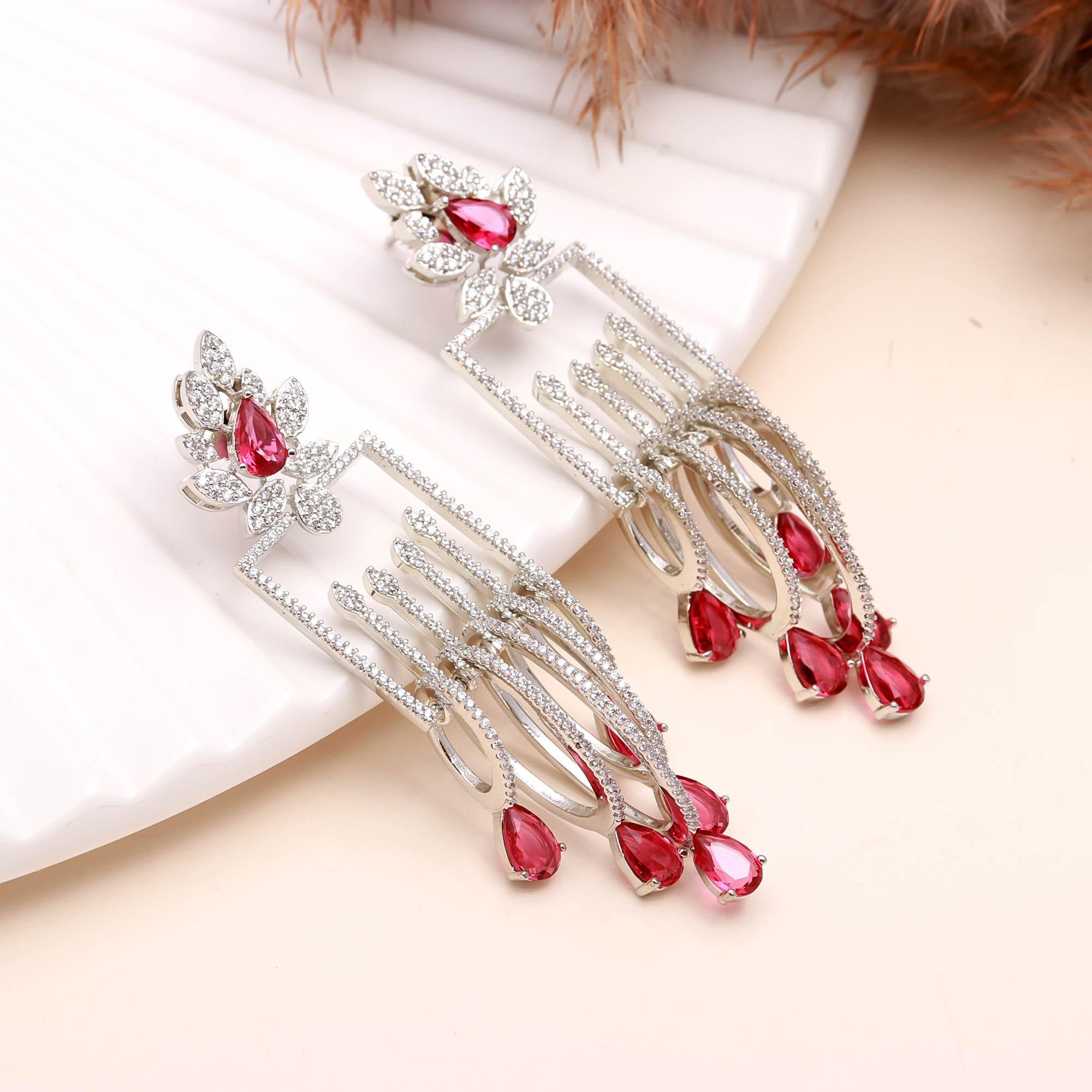 Luxury Emerald Green Stone Drop Earrings for Women | Diamond-Studded Statement Earrings - Haamsi