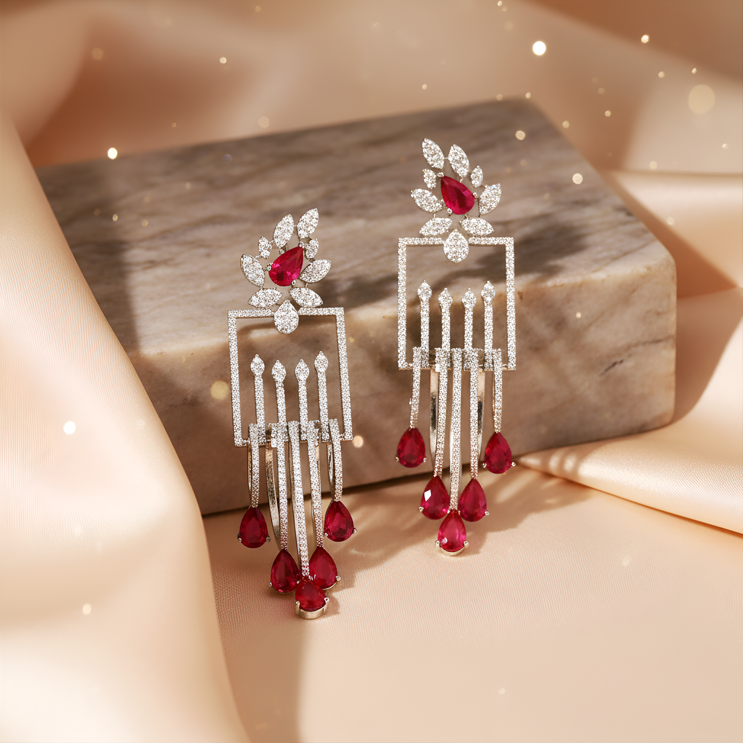 Luxury Emerald Green Stone Drop Earrings for Women | Diamond-Studded Statement Earrings - Haamsi