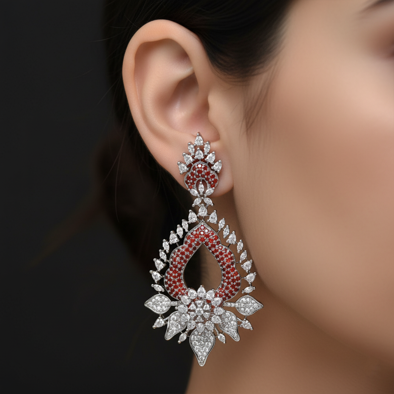 Magnificent Sapphire Blue and White American Diamond (AD) Heart-Shaped Dangler Earrings | Luxury Floral Statement - Haamsi