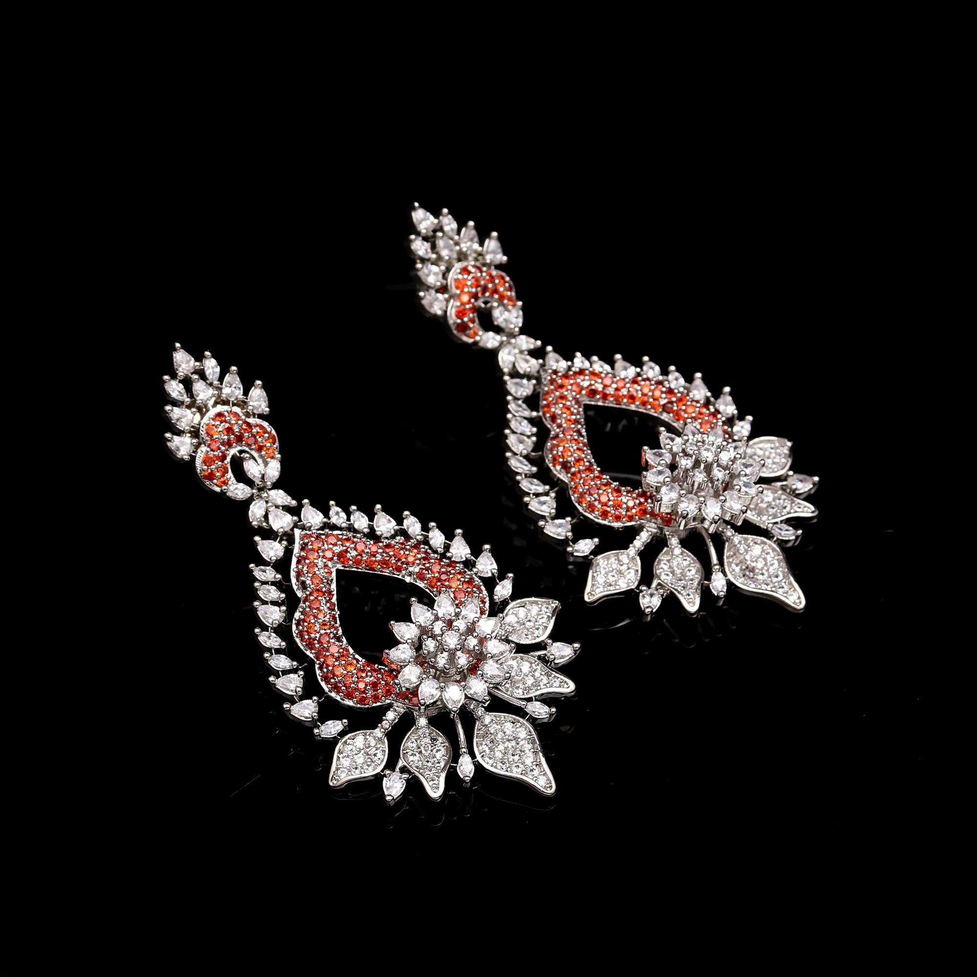 Magnificent Sapphire Blue and White American Diamond (AD) Heart-Shaped Dangler Earrings | Luxury Floral Statement - Haamsi