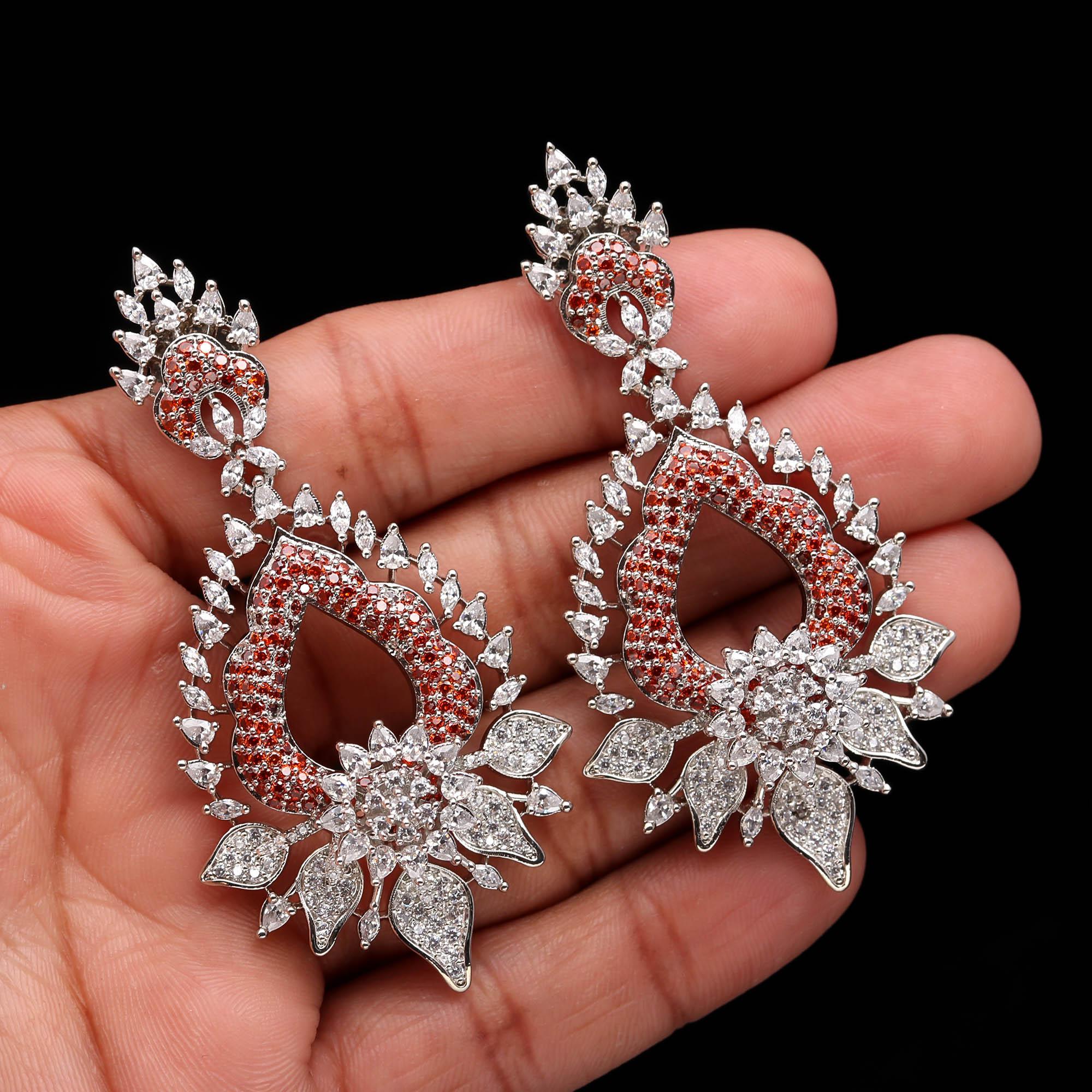 Magnificent Sapphire Blue and White American Diamond (AD) Heart-Shaped Dangler Earrings | Luxury Floral Statement - Haamsi