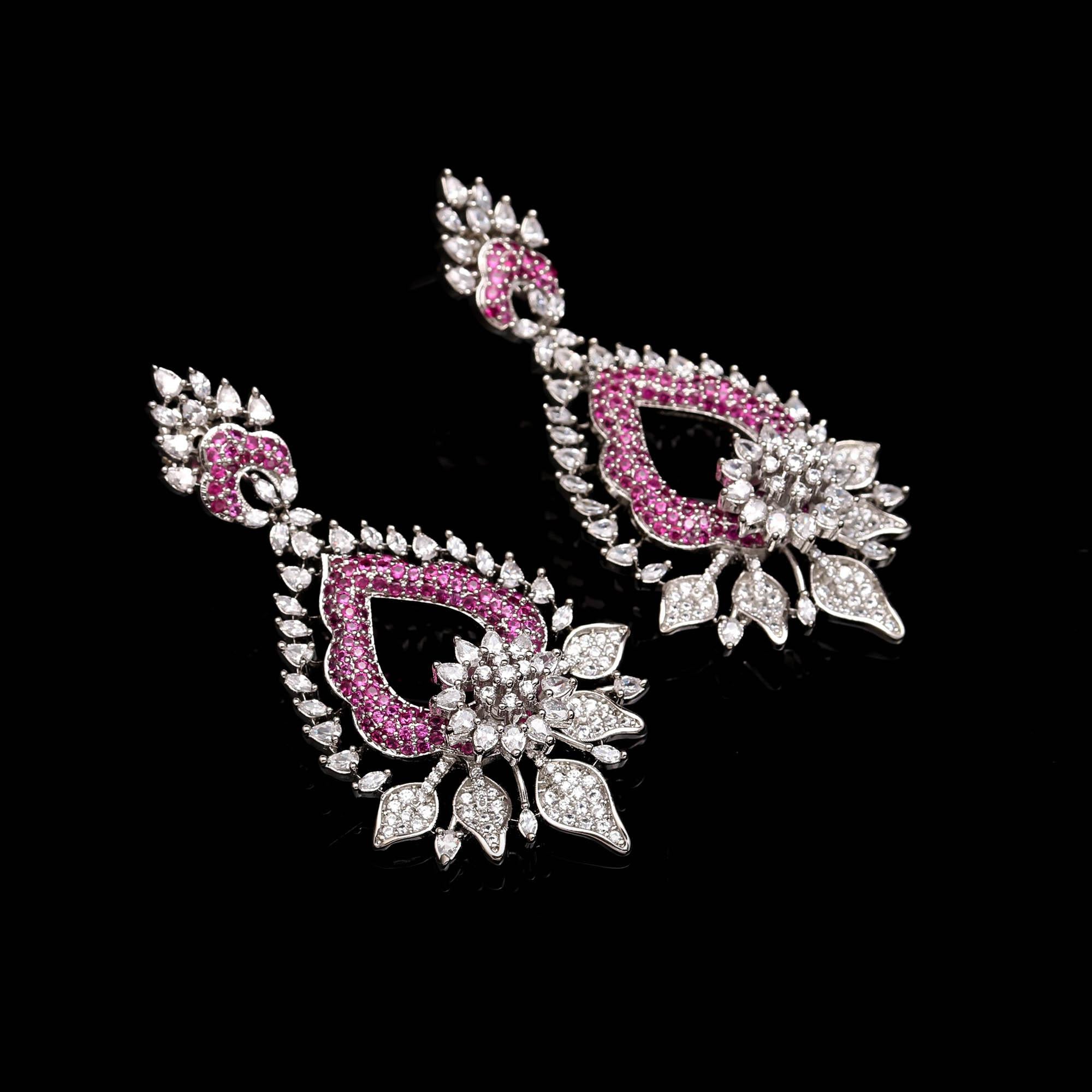 Magnificent Sapphire Blue and White American Diamond (AD) Heart-Shaped Dangler Earrings | Luxury Floral Statement - Haamsi