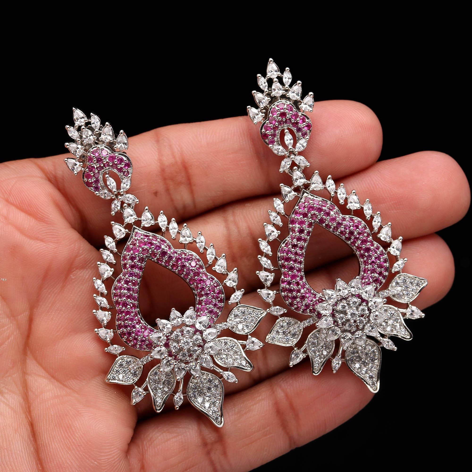 Magnificent Sapphire Blue and White American Diamond (AD) Heart-Shaped Dangler Earrings | Luxury Floral Statement - Haamsi