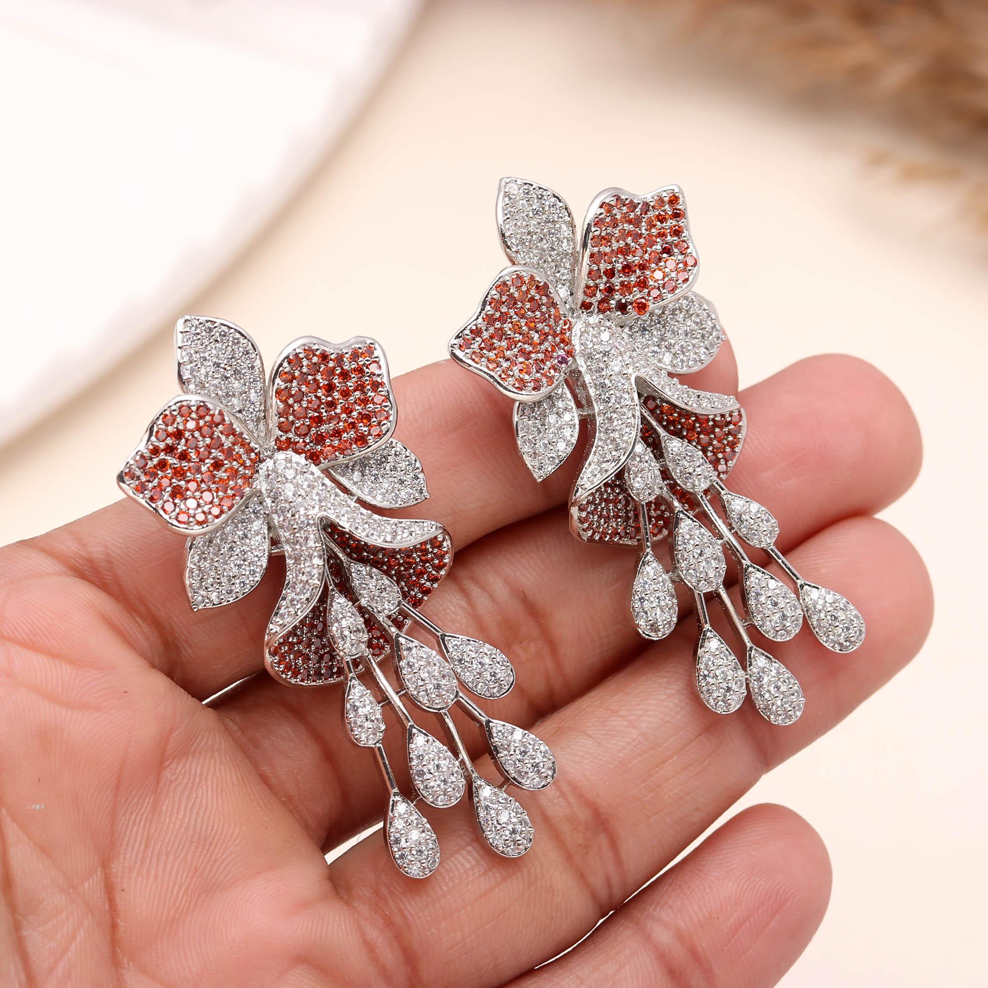 Luxury  American Diamond (AD) Flower Dangler Statement Earrings - Haamsi