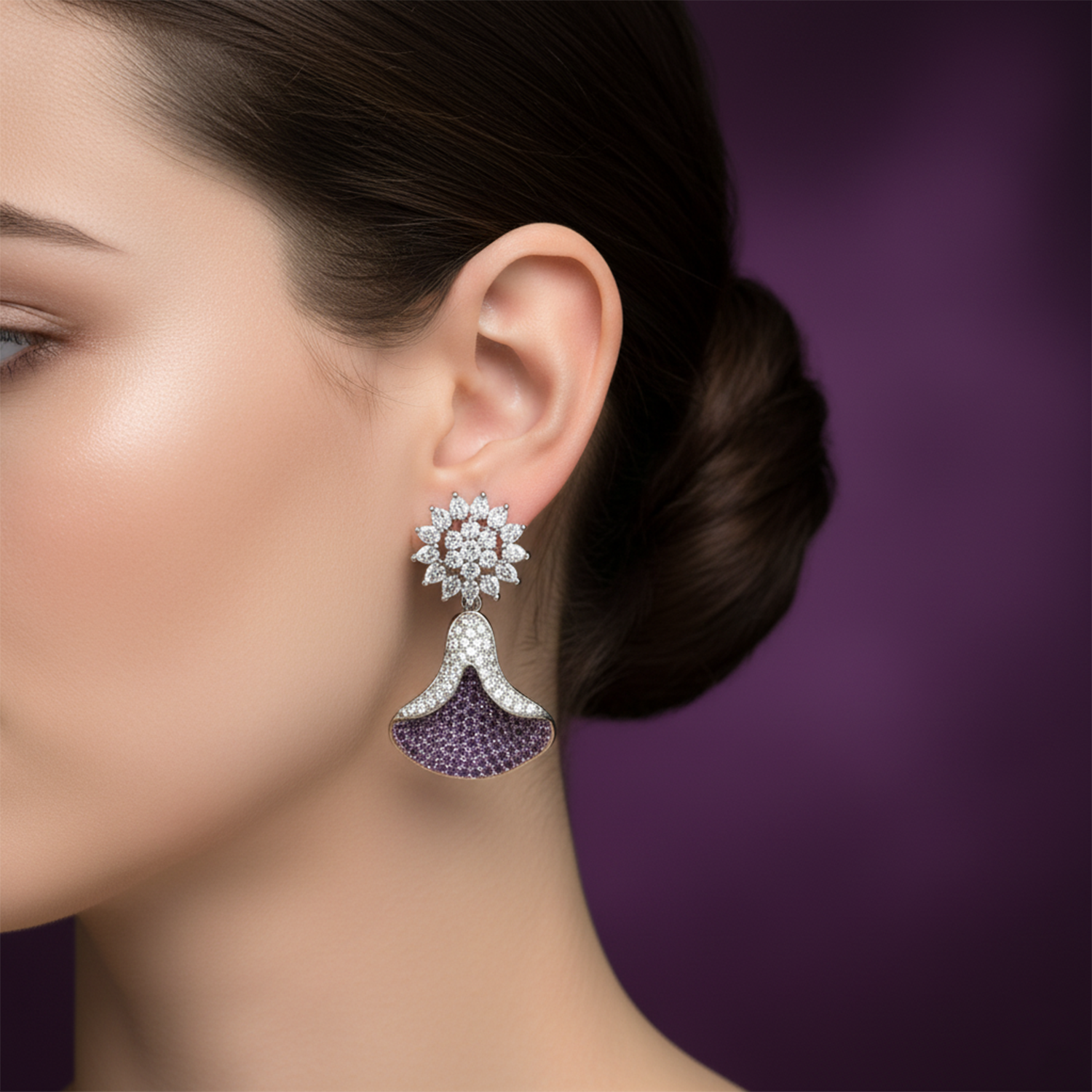 Emerald Green and White American Diamond (AD) Drop Earrings | Starburst Stud with Silver Toned Finish - Haamsi