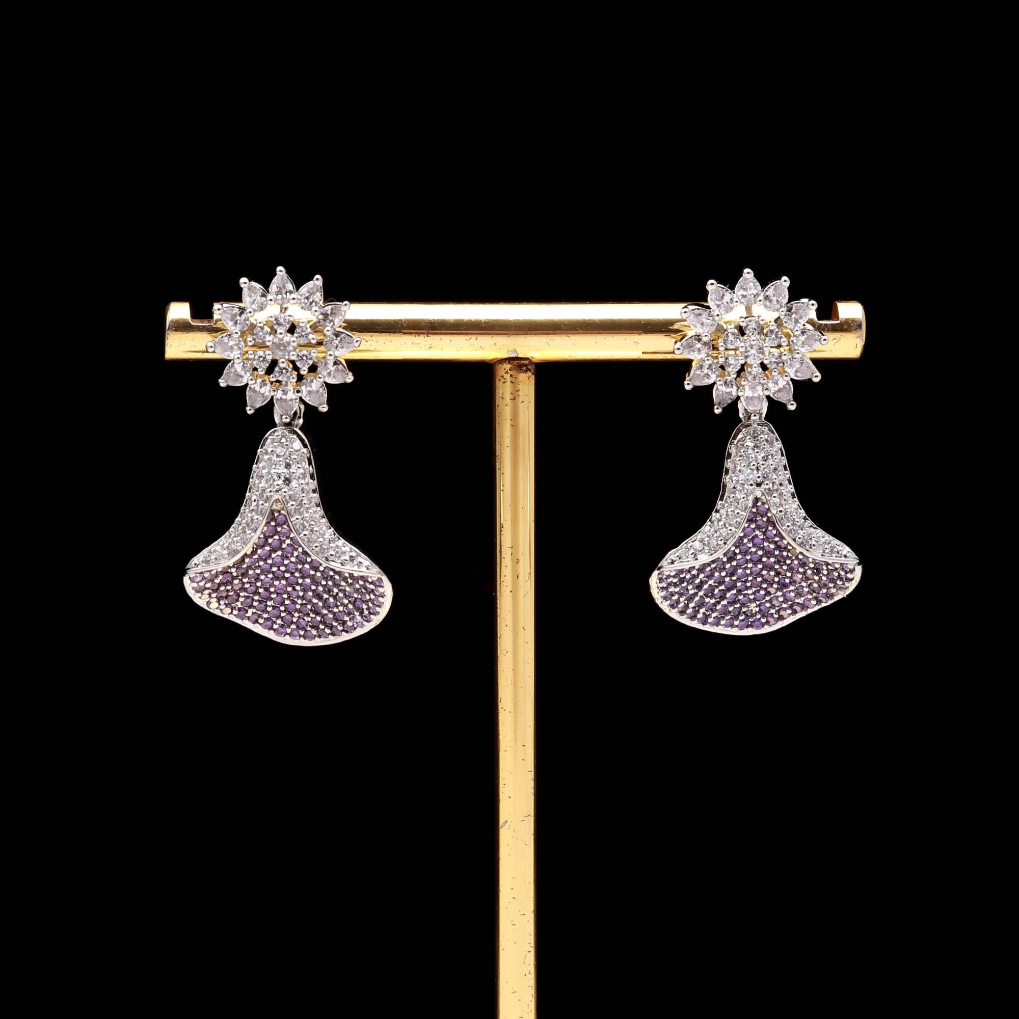 Emerald Green and White American Diamond (AD) Drop Earrings | Starburst Stud with Silver Toned Finish - Haamsi