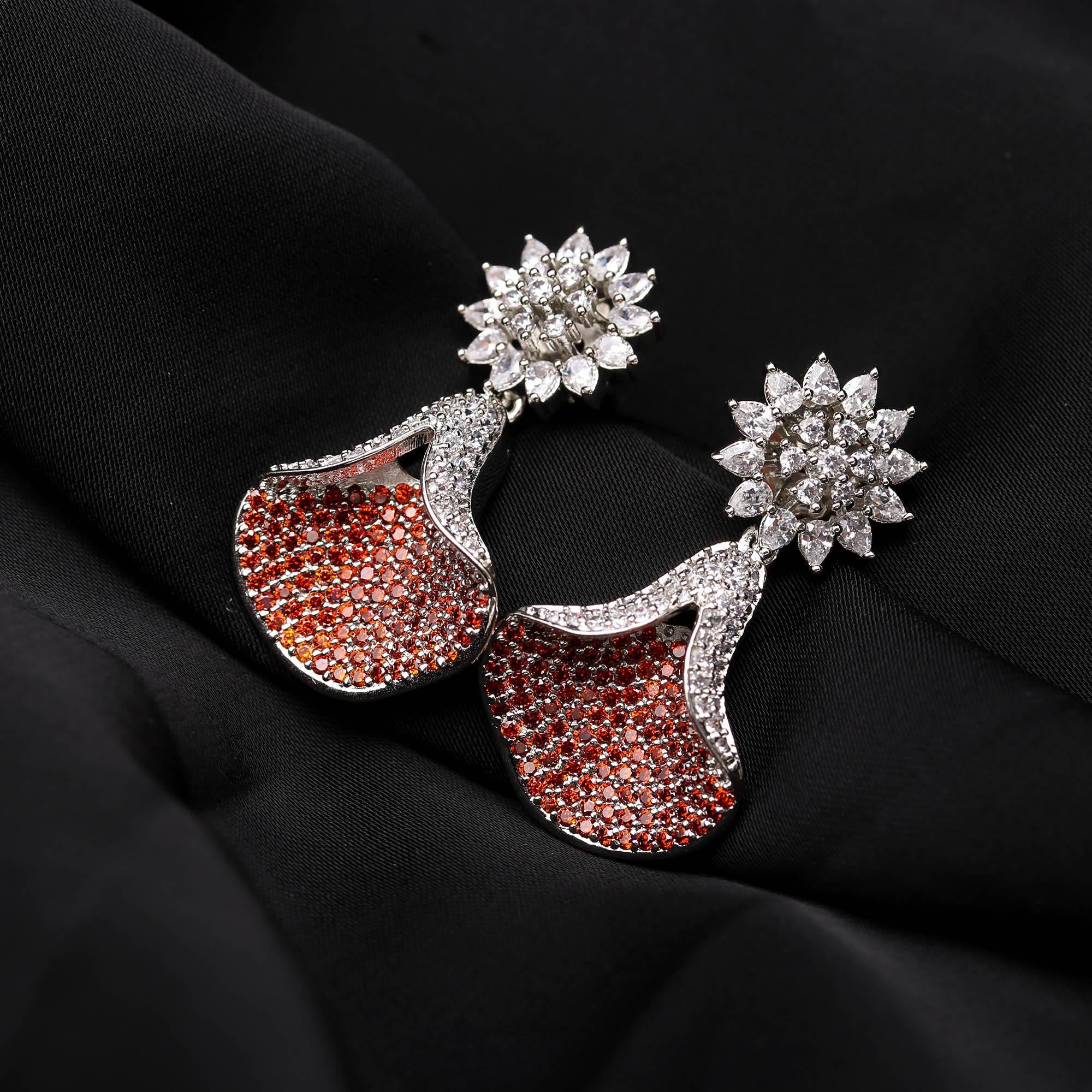 Emerald Green and White American Diamond (AD) Drop Earrings | Starburst Stud with Silver Toned Finish - Haamsi