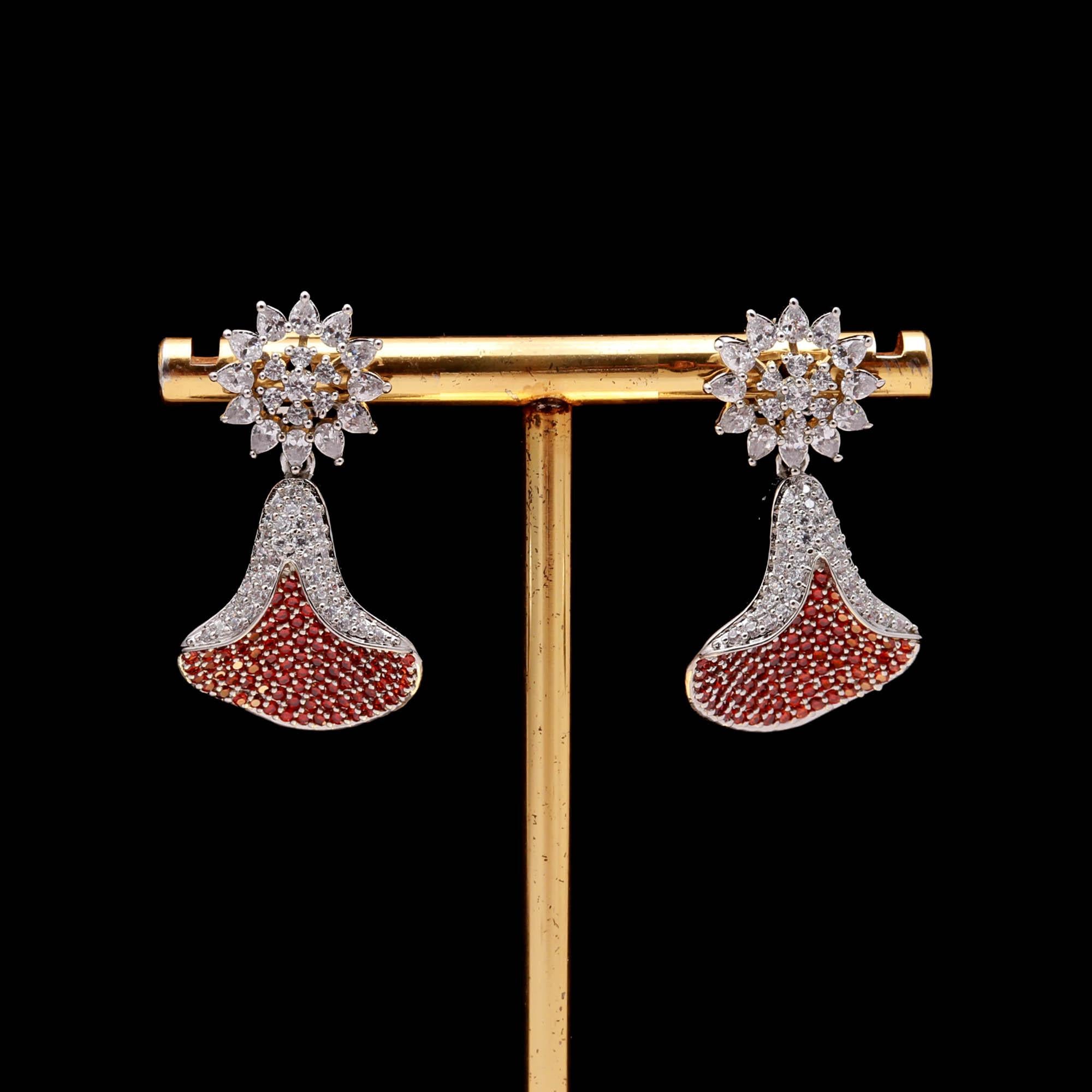 Emerald Green and White American Diamond (AD) Drop Earrings | Starburst Stud with Silver Toned Finish - Haamsi