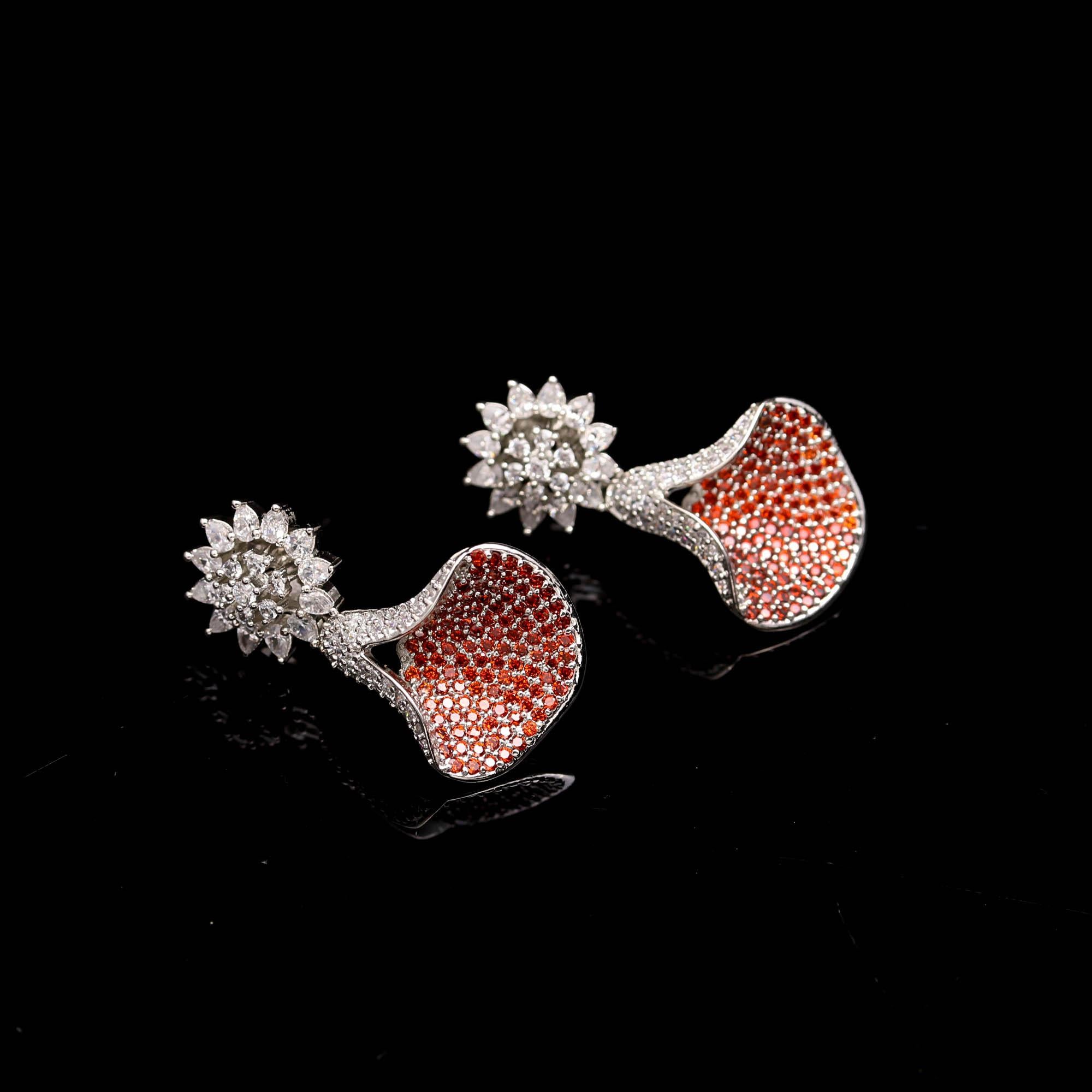 Emerald Green and White American Diamond (AD) Drop Earrings | Starburst Stud with Silver Toned Finish - Haamsi