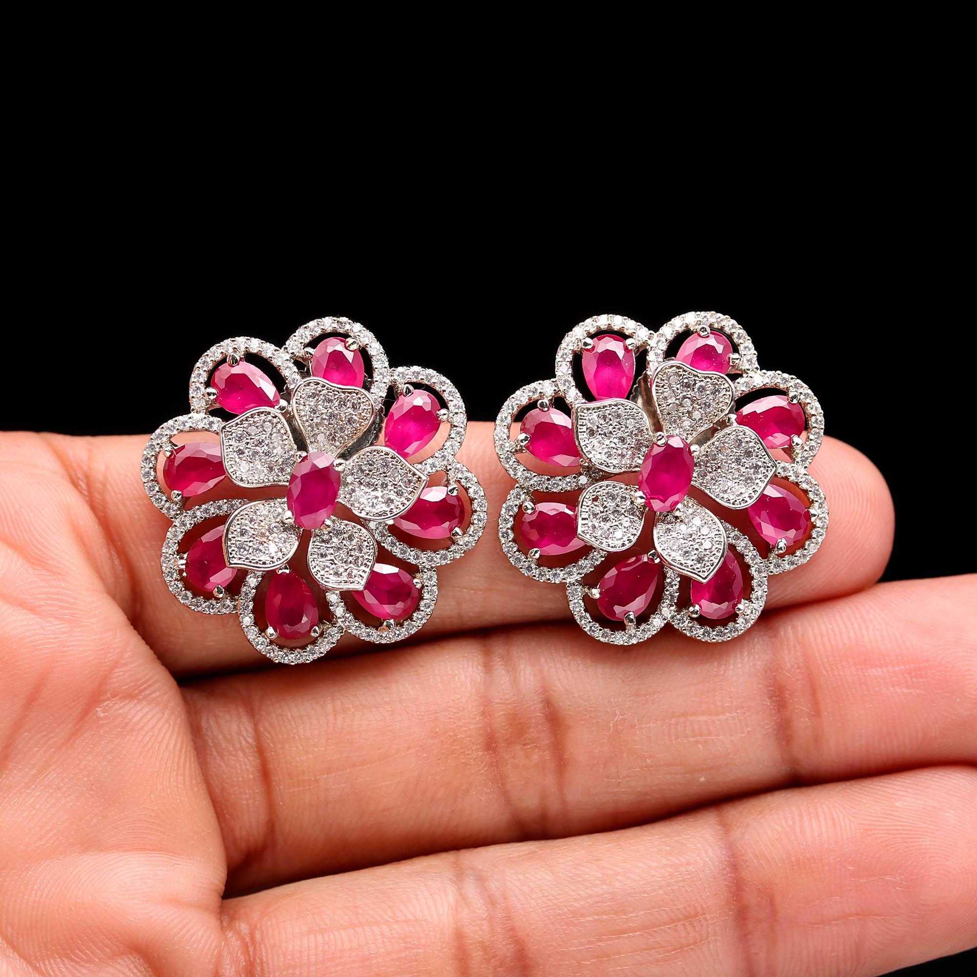 American Diamond (AD) Floral Stud Earrings | Multi-Color Options - Haamsi