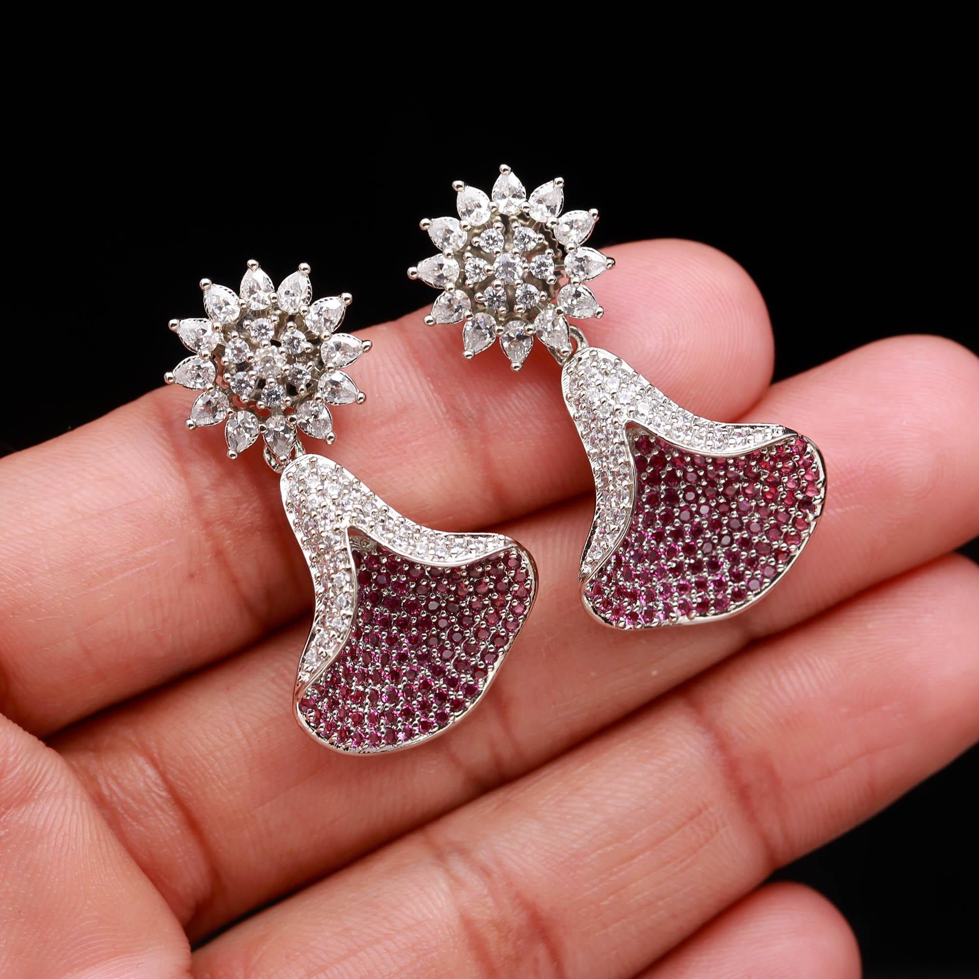 Emerald Green and White American Diamond (AD) Drop Earrings | Starburst Stud with Silver Toned Finish - Haamsi