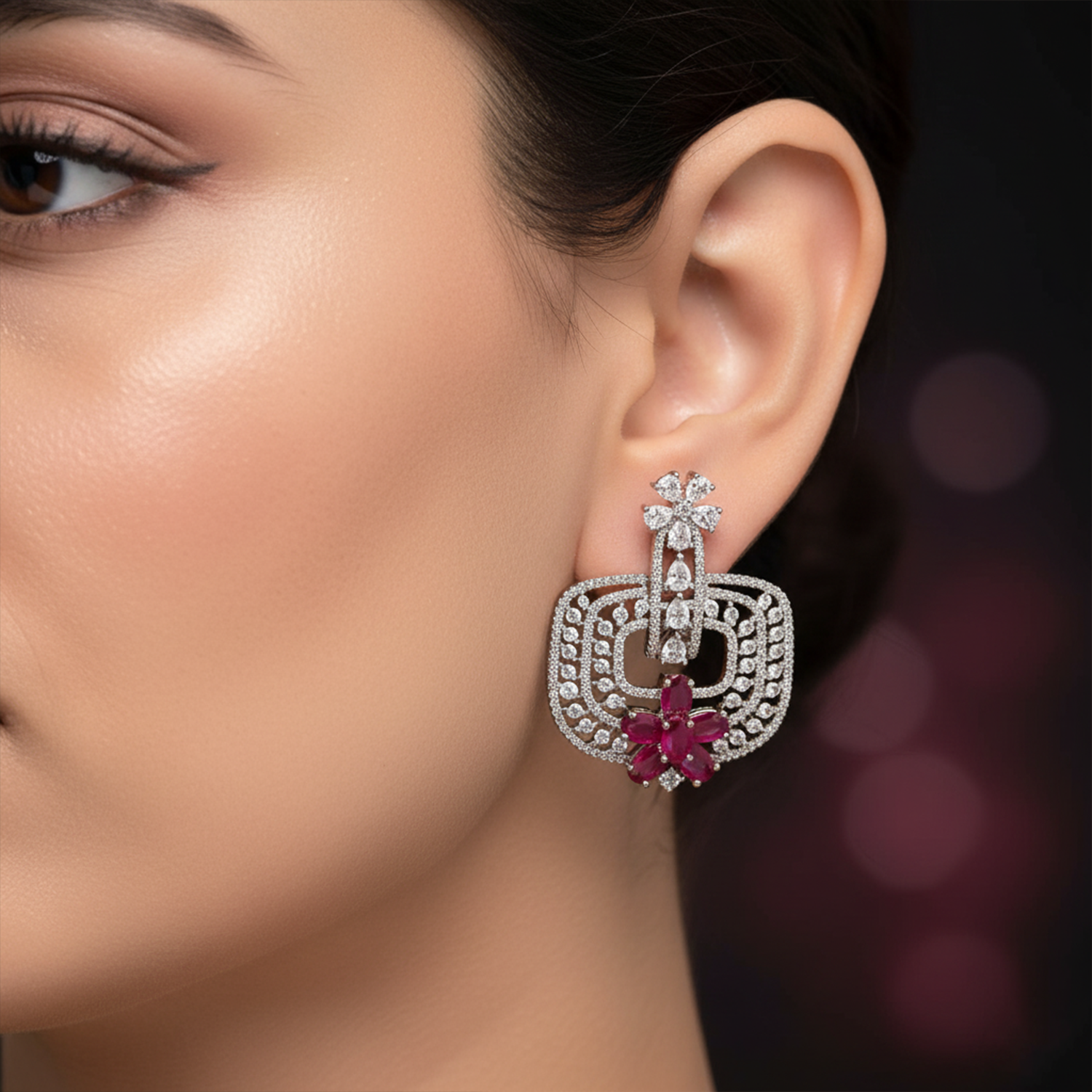 Trendy Mint Green and White American Diamond (AD) Geometric Statement Earrings | Available in Multi-Colors - Haamsi