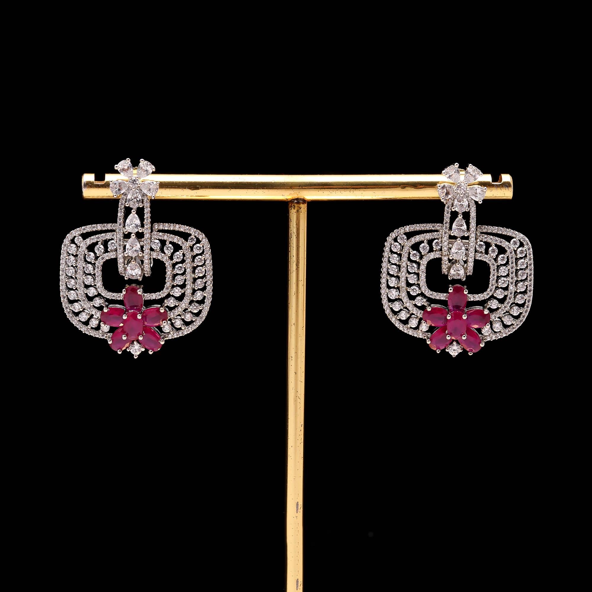 Trendy Mint Green and White American Diamond (AD) Geometric Statement Earrings | Available in Multi-Colors - Haamsi