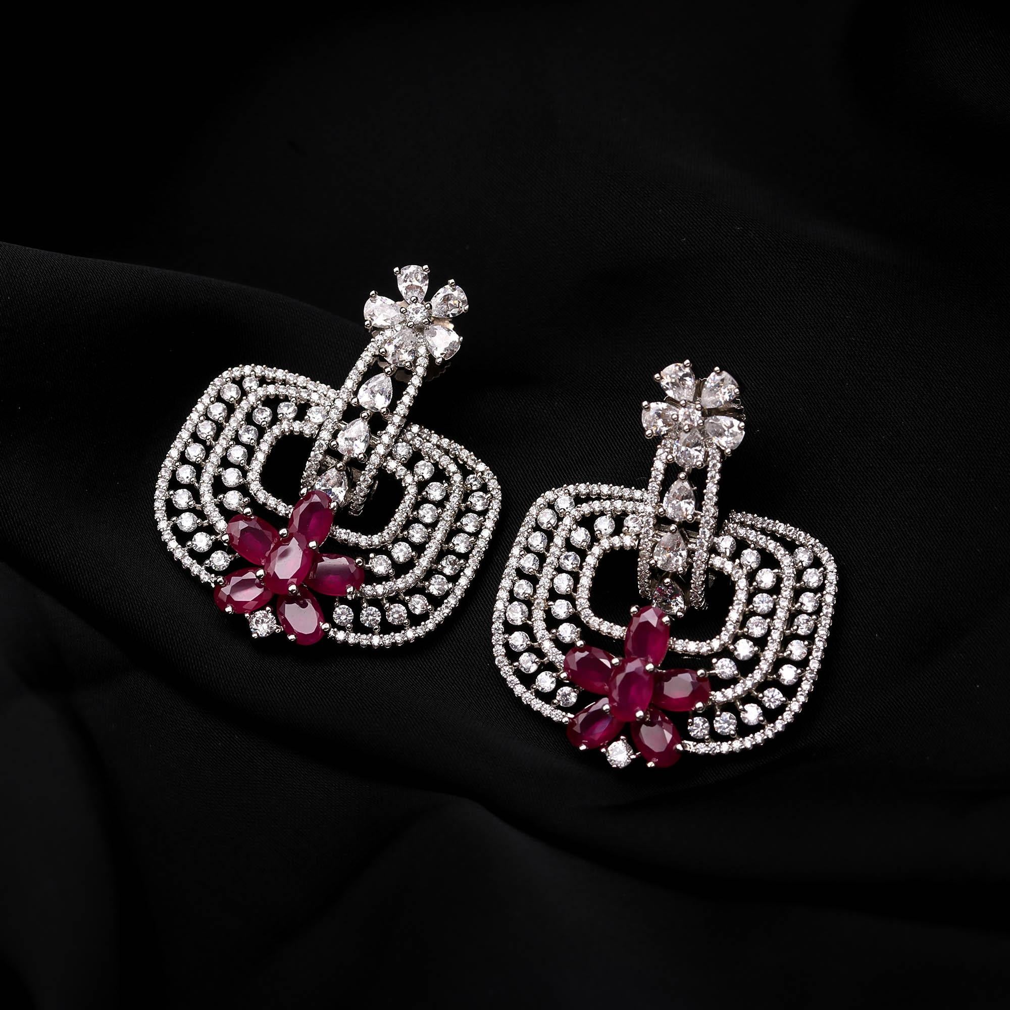 Trendy Mint Green and White American Diamond (AD) Geometric Statement Earrings | Available in Multi-Colors - Haamsi