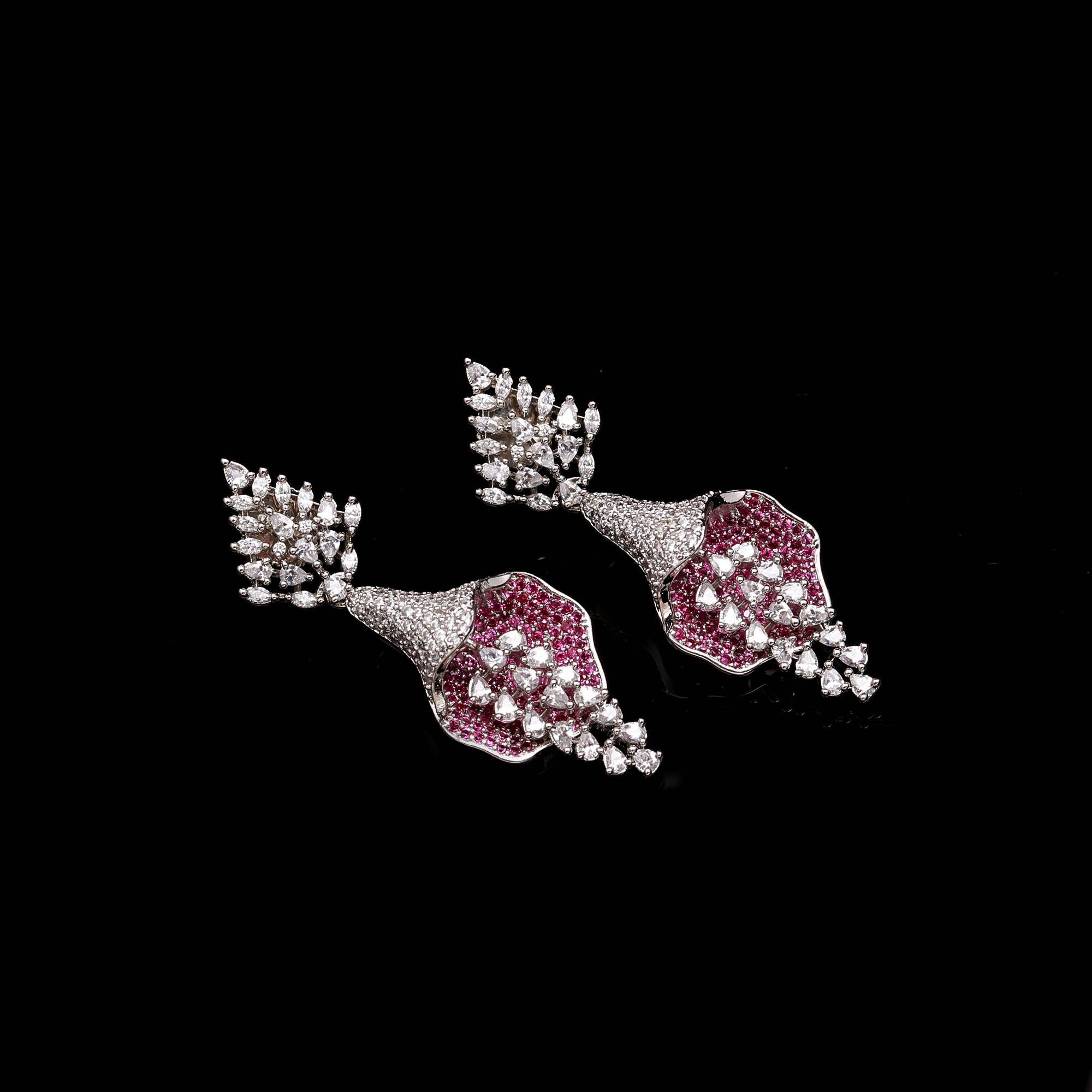 Luxurious Sapphire Blue & White American Diamond (AD) Floral Drop Earrings | Statement Party Wear - Haamsi