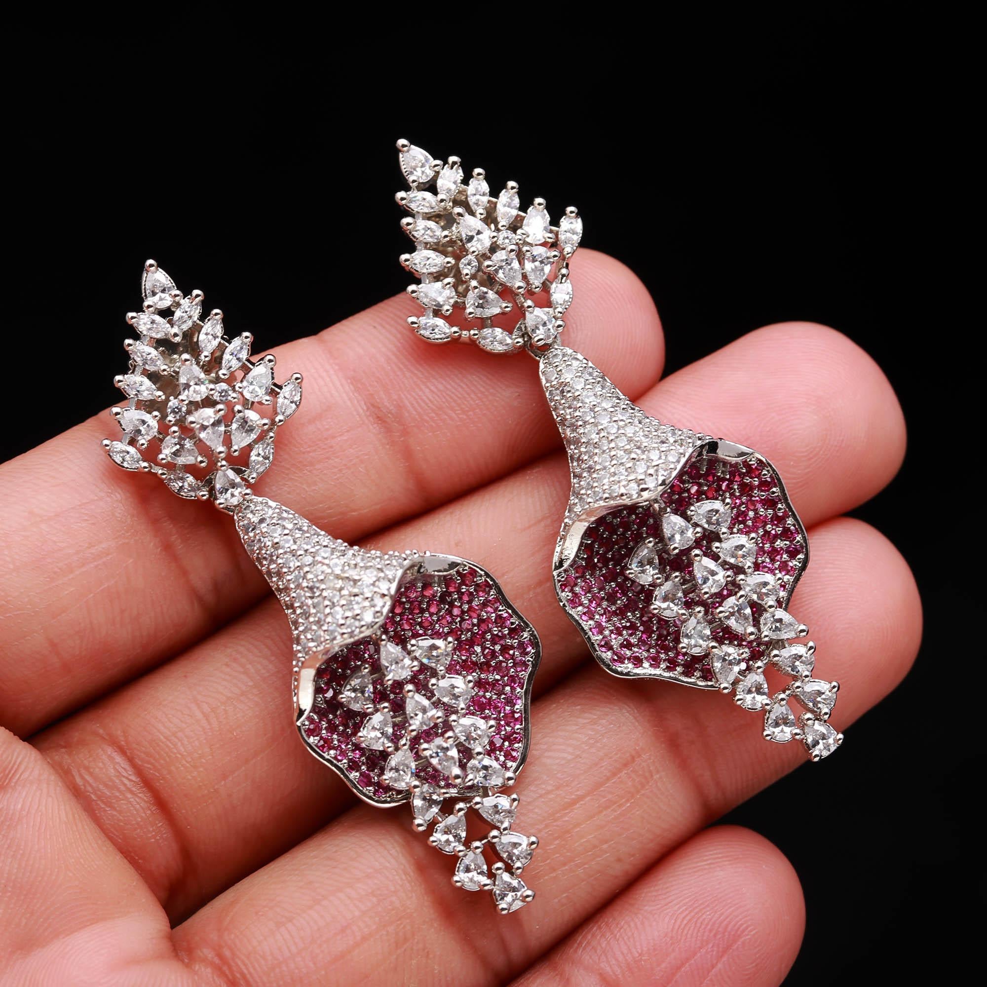 Luxurious Sapphire Blue & White American Diamond (AD) Floral Drop Earrings | Statement Party Wear - Haamsi