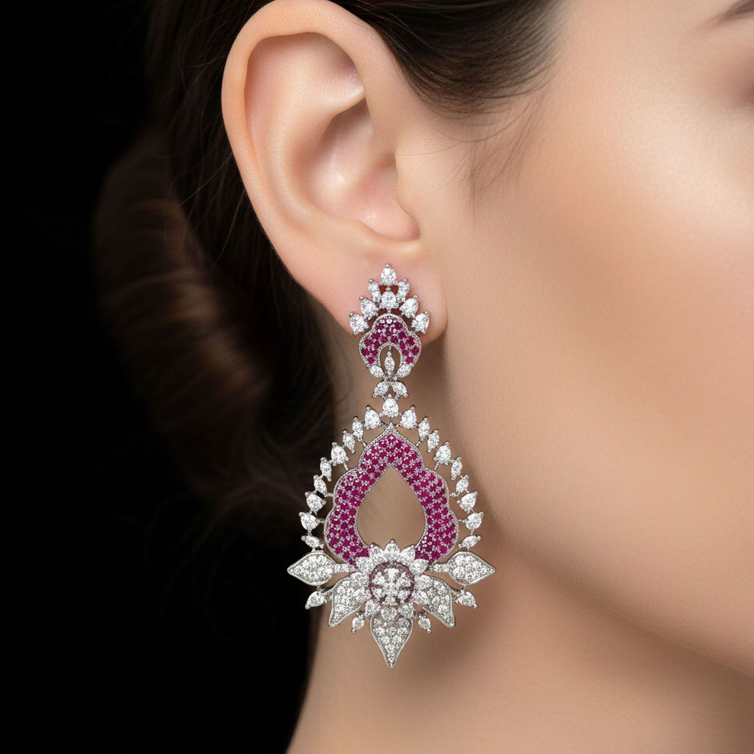 Magnificent Sapphire Blue and White American Diamond (AD) Heart-Shaped Dangler Earrings | Luxury Floral Statement - Haamsi