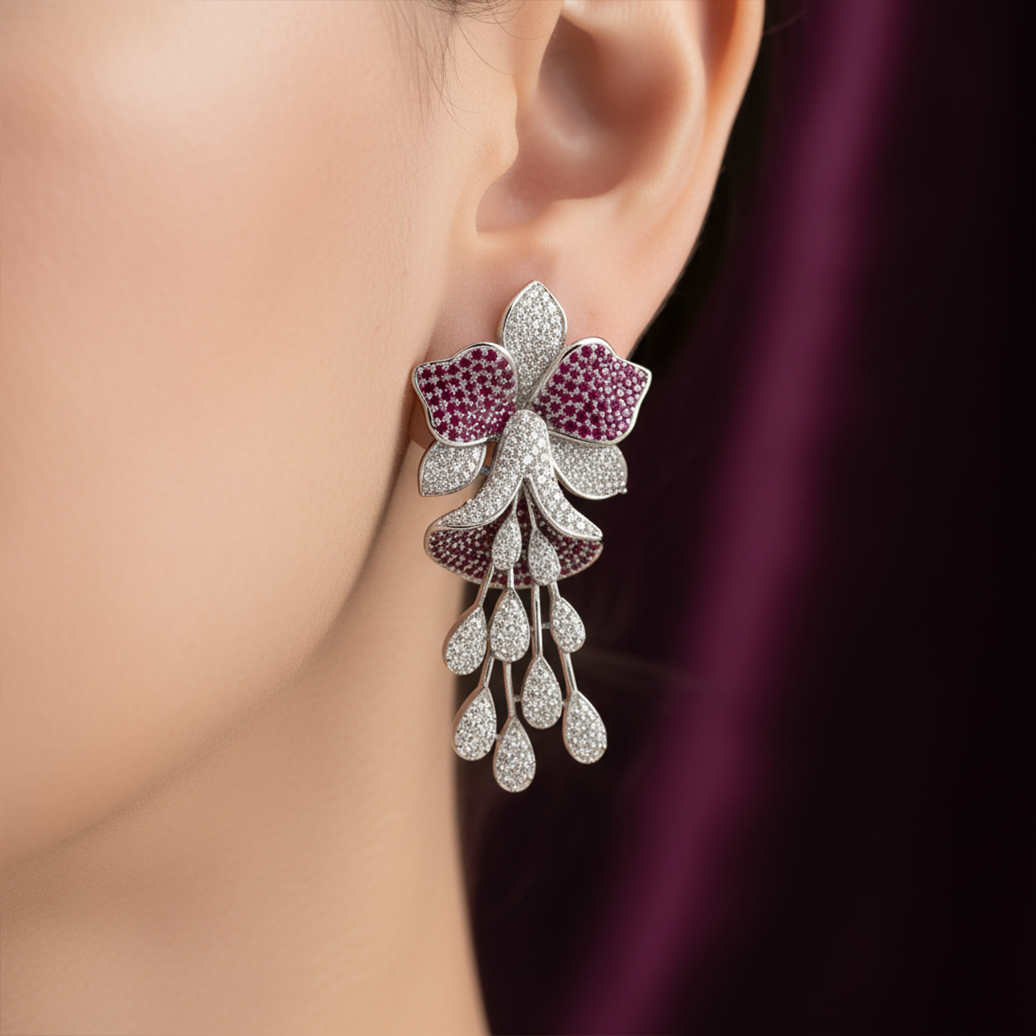 Luxury  American Diamond (AD) Flower Dangler Statement Earrings - Haamsi