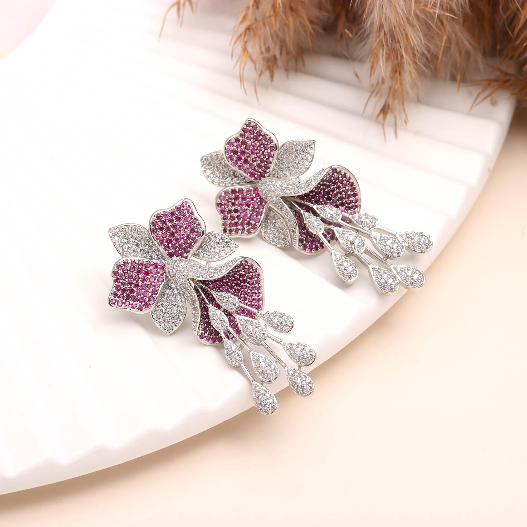 Luxury  American Diamond (AD) Flower Dangler Statement Earrings - Haamsi