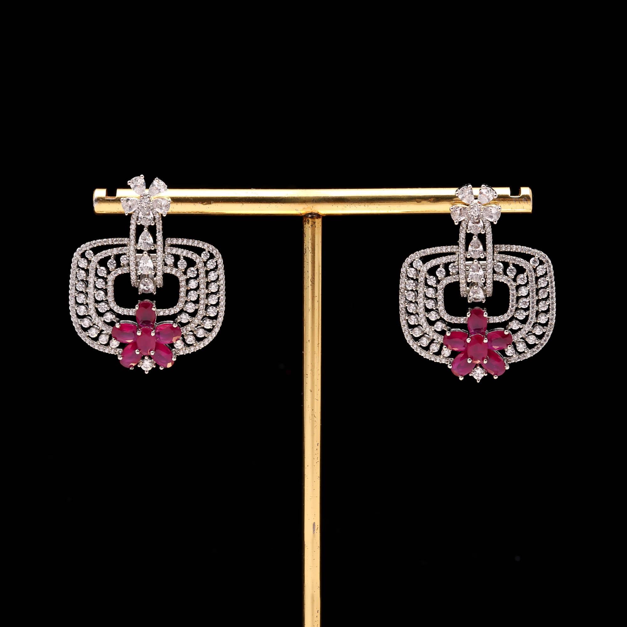 Trendy Mint Green and White American Diamond (AD) Geometric Statement Earrings | Available in Multi-Colors - Haamsi