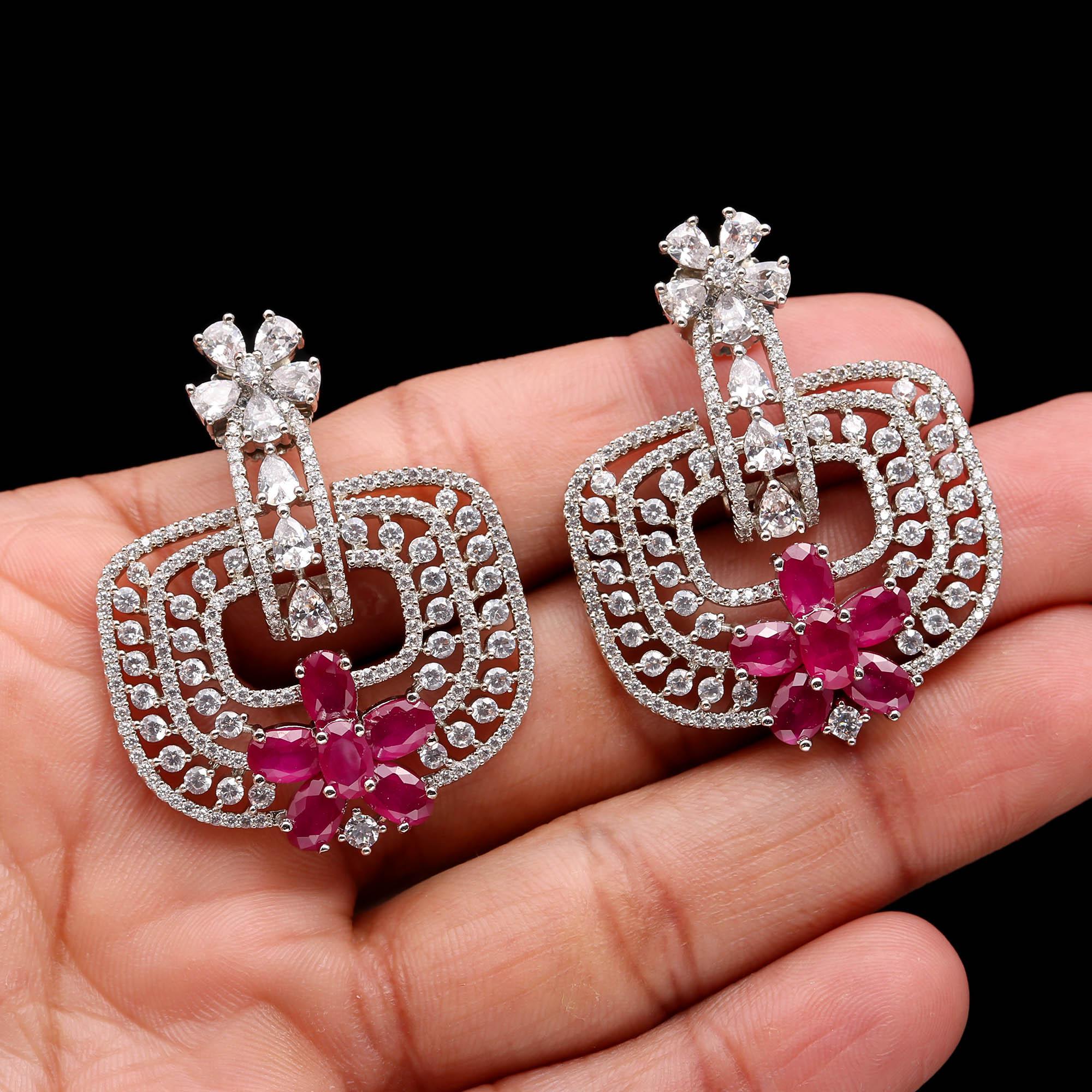 Trendy Mint Green and White American Diamond (AD) Geometric Statement Earrings | Available in Multi-Colors - Haamsi