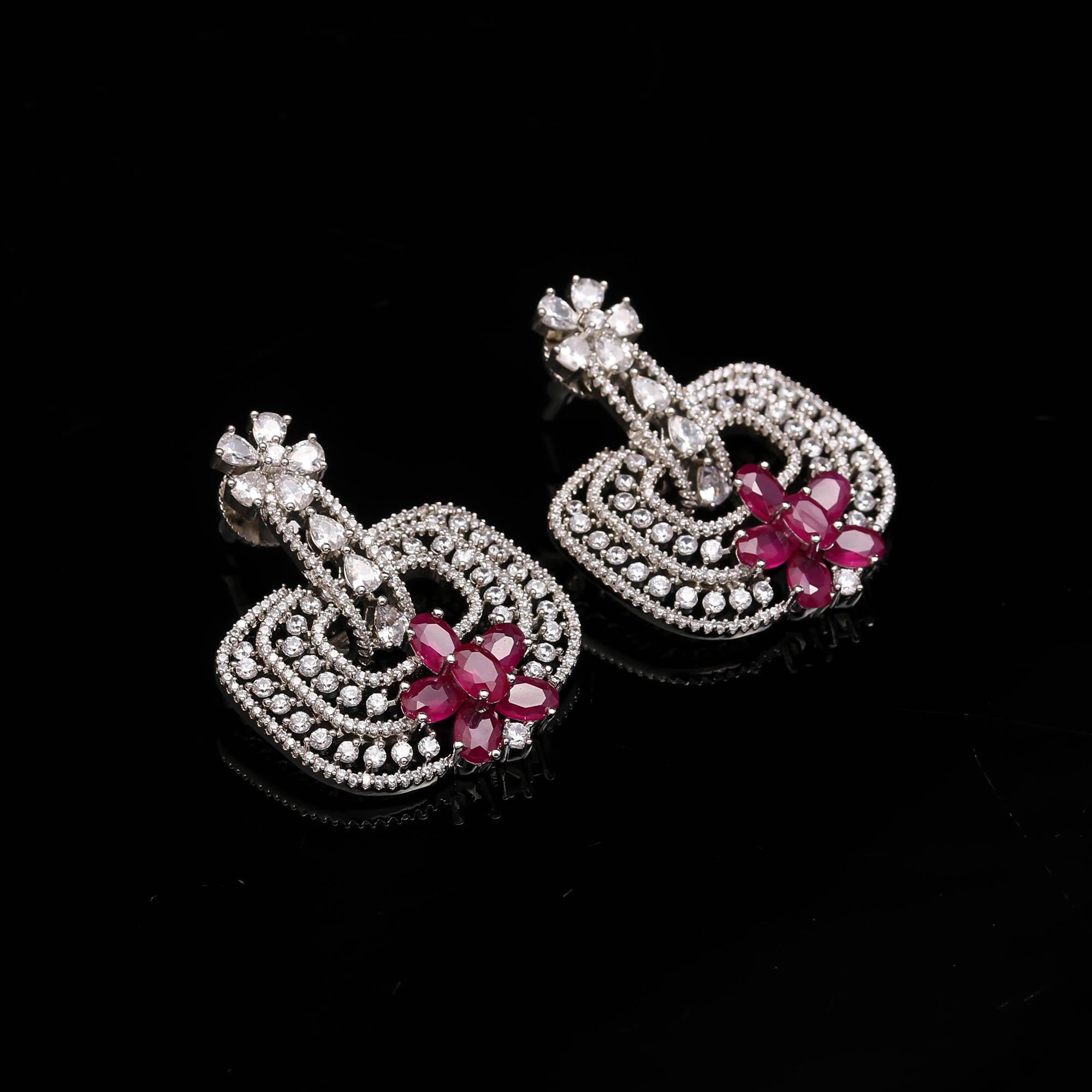 Trendy Mint Green and White American Diamond (AD) Geometric Statement Earrings | Available in Multi-Colors - Haamsi