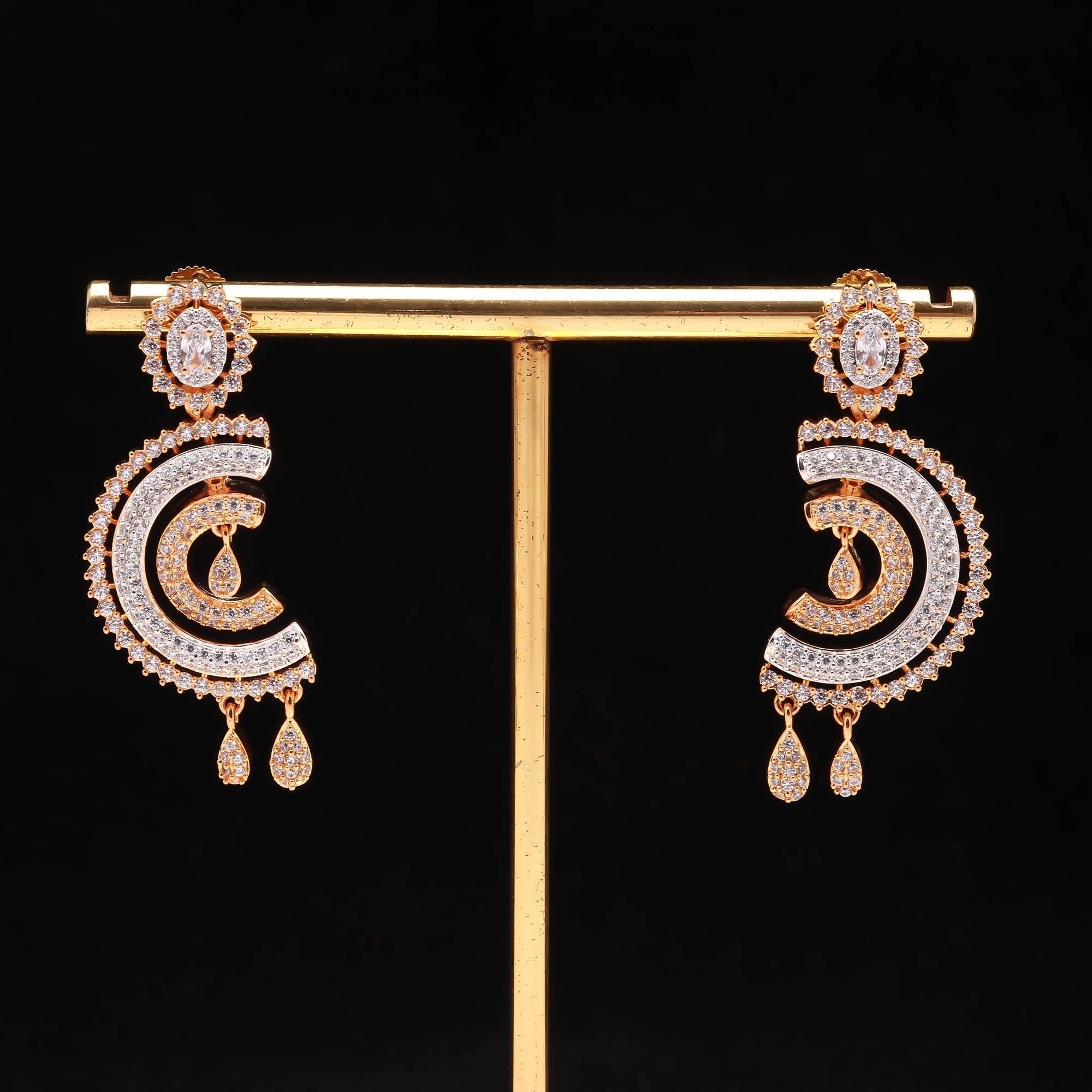 Premium Gold Plated American Diamond (AD) Earrings: Modern Chandbali Drop Design - Haamsi