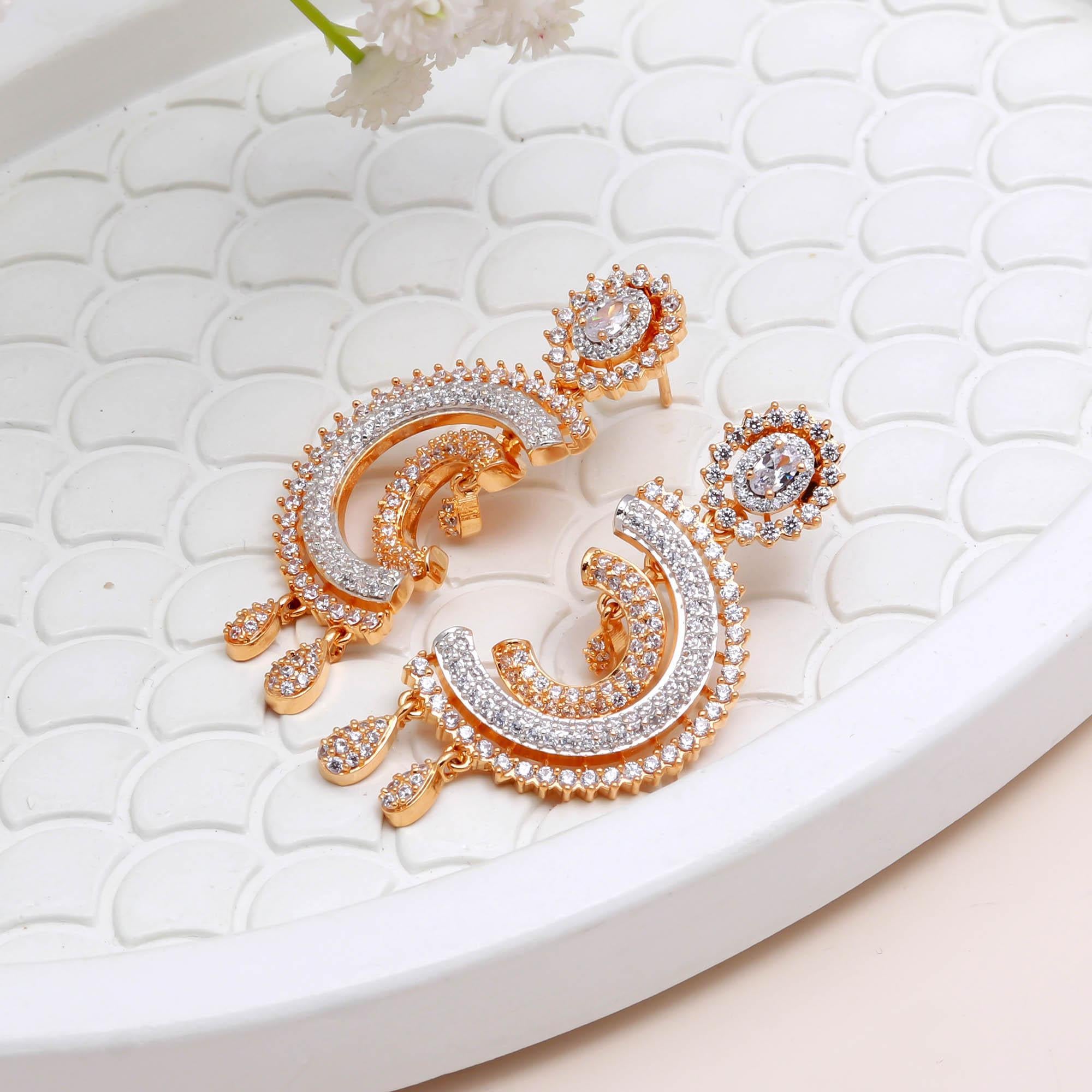 Premium Gold Plated American Diamond (AD) Earrings: Modern Chandbali Drop Design - Haamsi