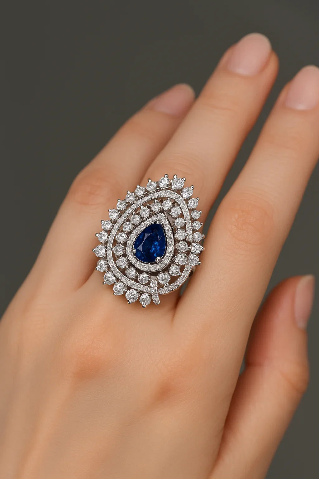 Haamsi elegant silver ring with teardrop blue sapphire centerpiece surrounded by sparkling white diamonds on hand