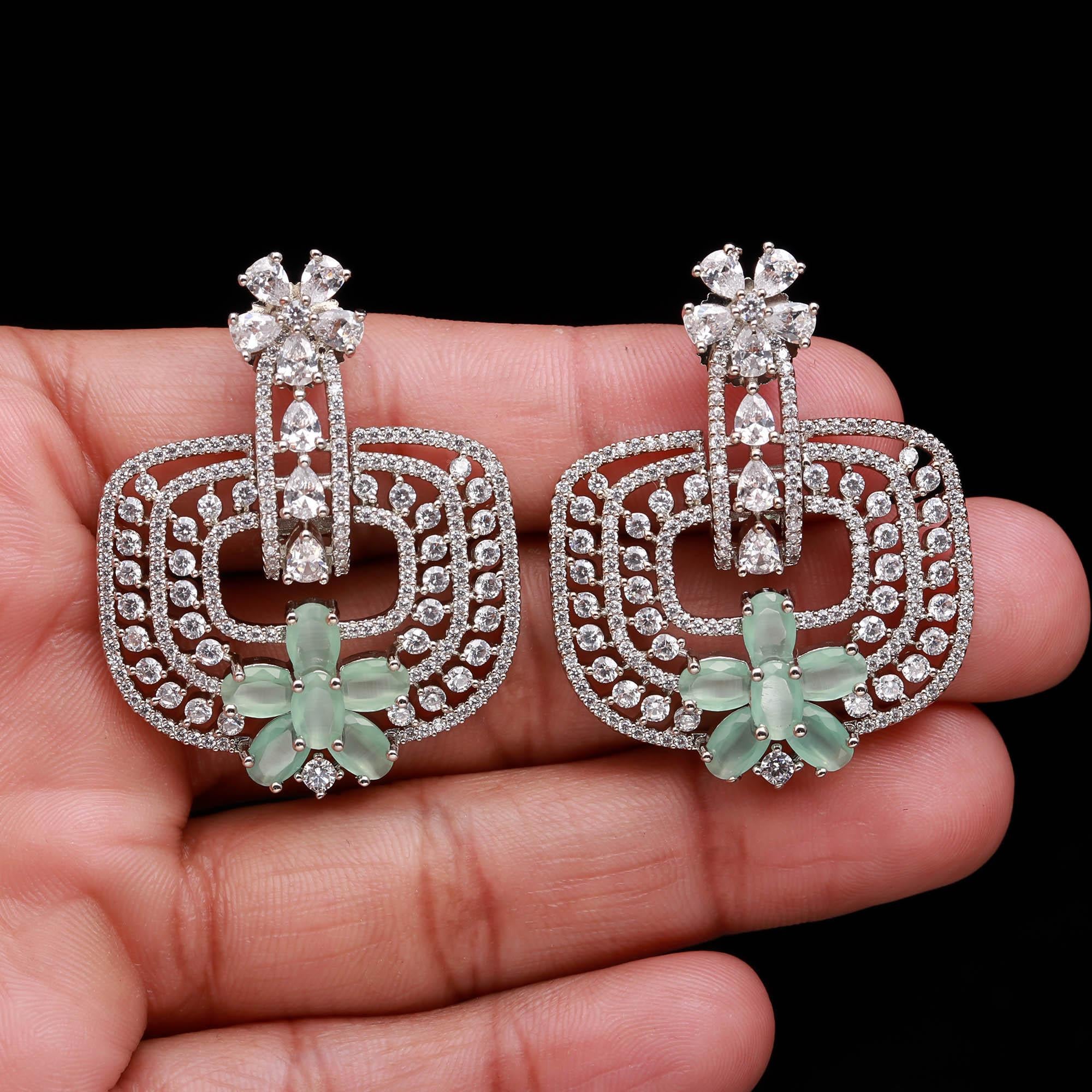 Trendy Mint Green and White American Diamond (AD) Geometric Frame Dangler Earrings