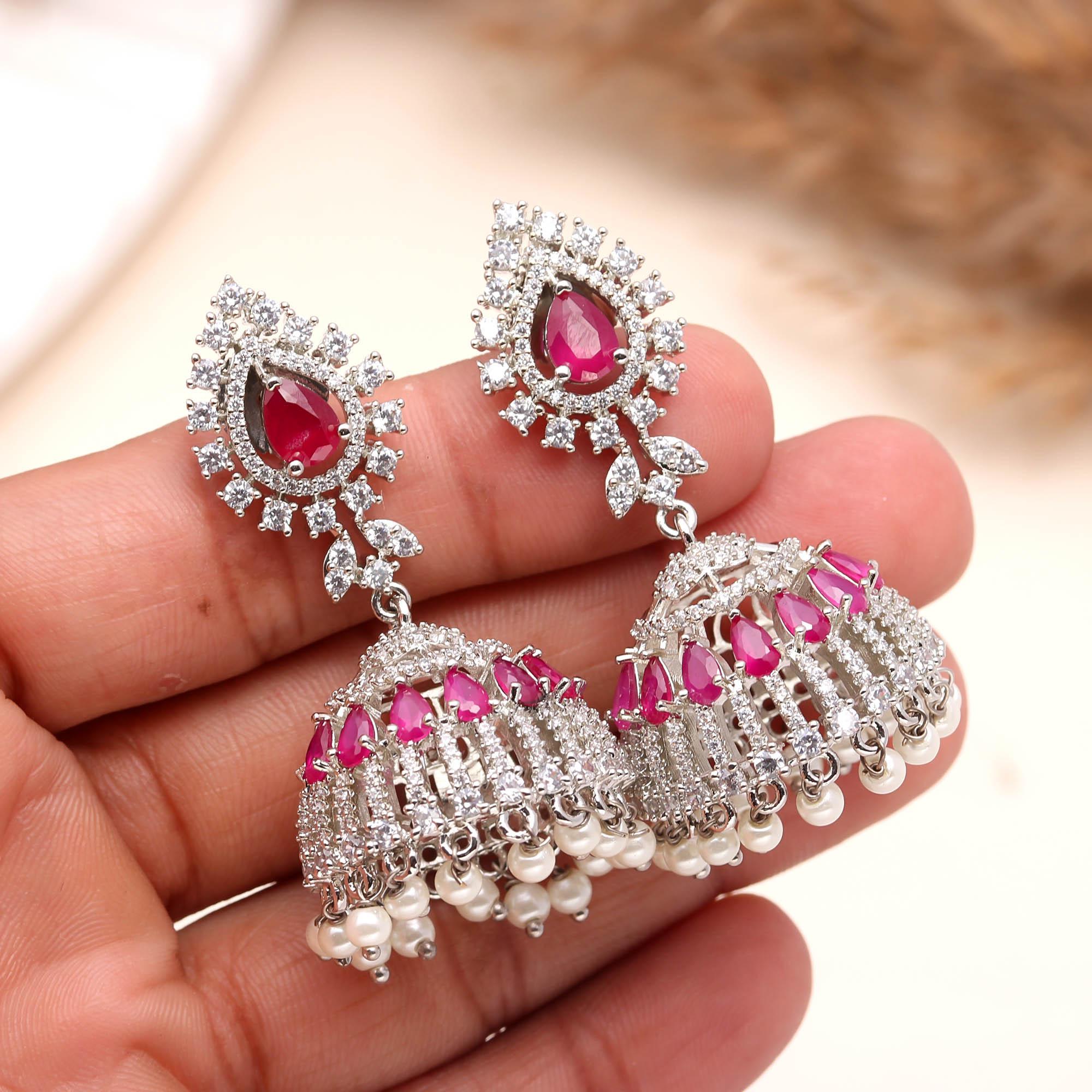 Exquisite Ruby Red American Diamond (AD) Jhumka Earrings with Pearl Drops in Silver Plating